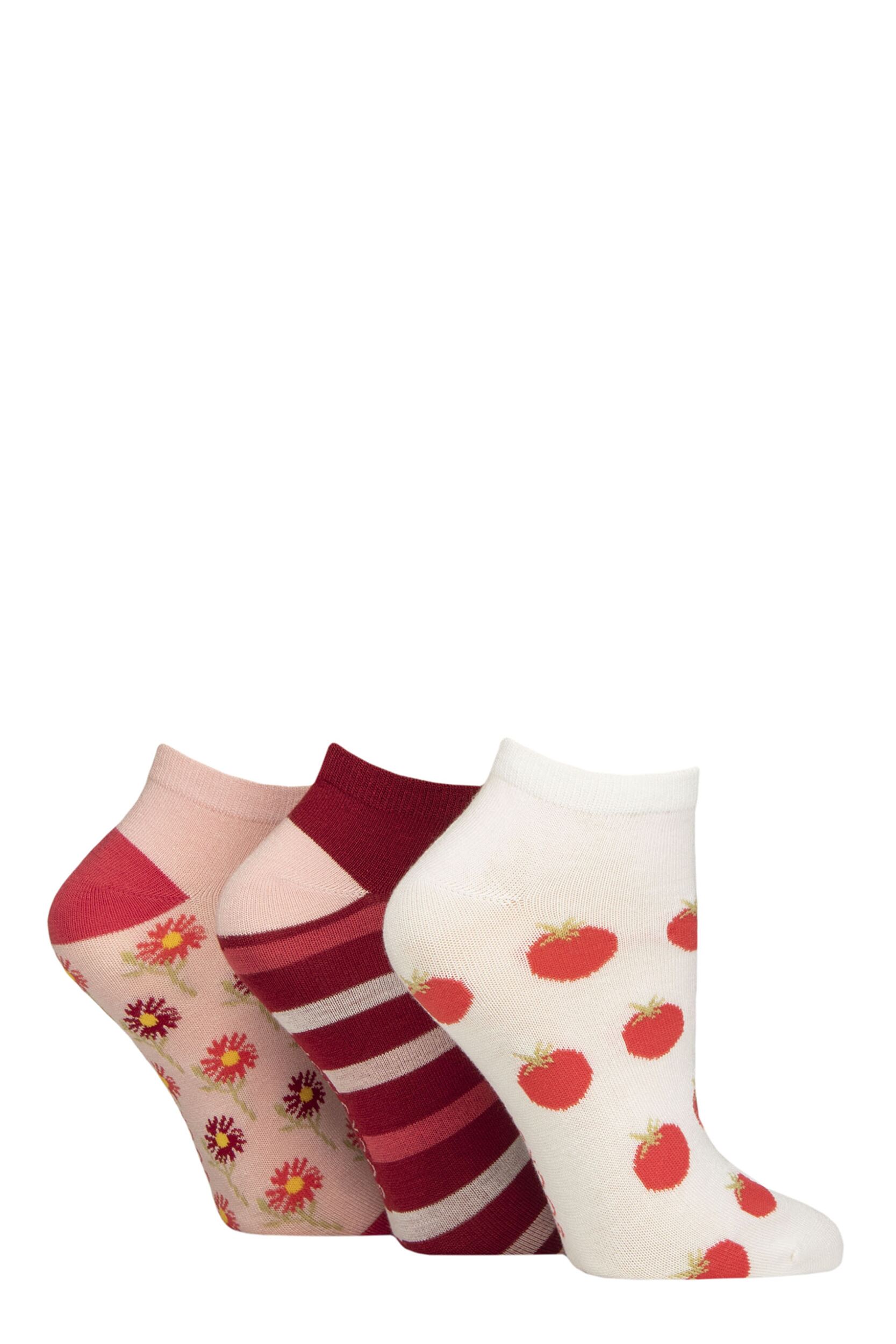 Women's 3 Pair SOCKSHOP Bamboo Trainer Socks with Smooth Toe Seams Tuscan Tomato Patterned 4-8