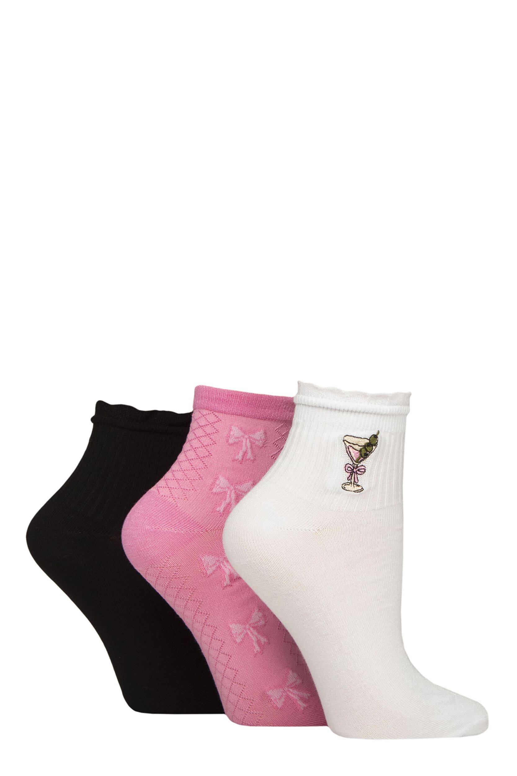 Women's 3 Pair SOCKSHOP Frill Welt Ribbed Bamboo Anklet Socks Cocktail 4-8