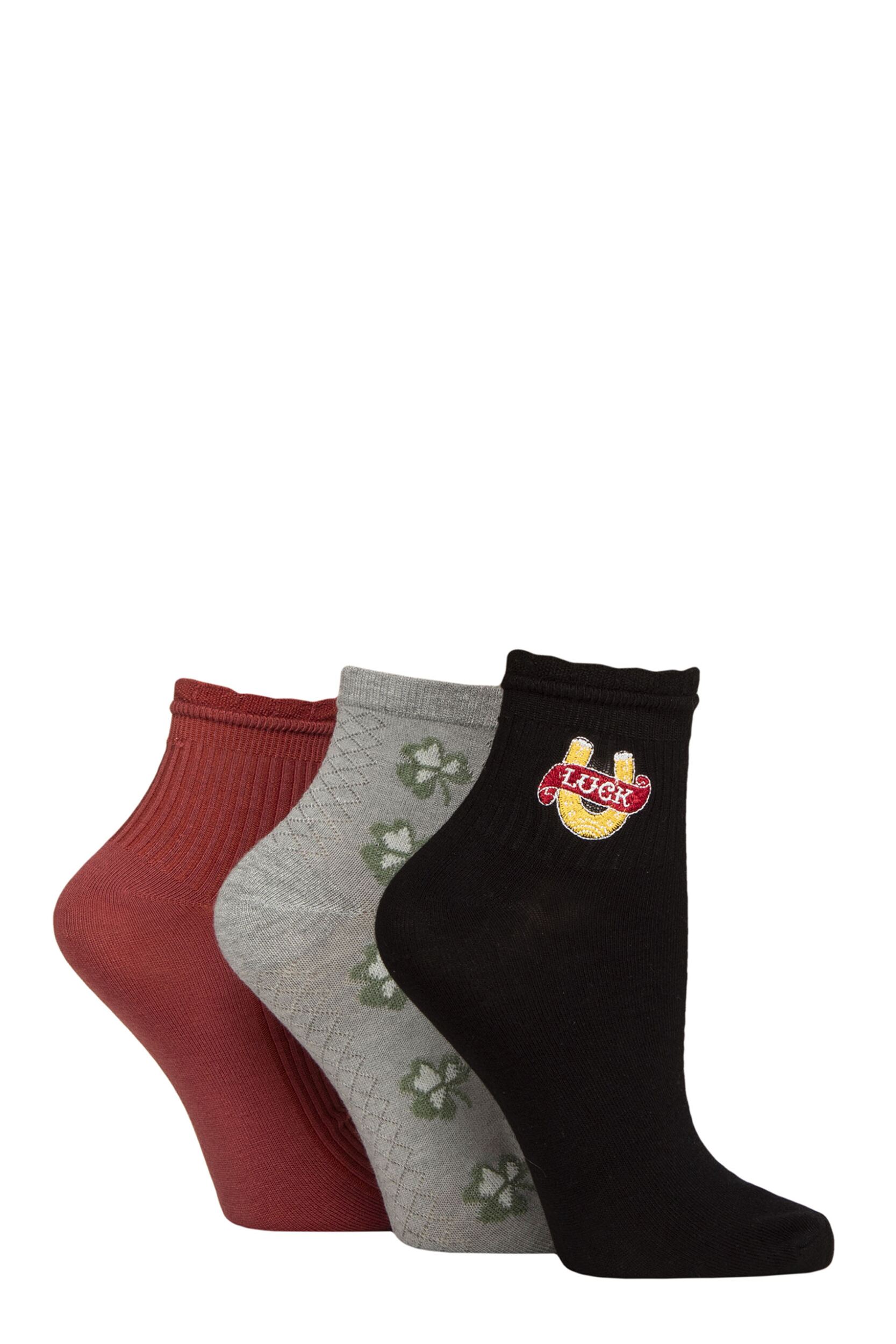 Women's 3 Pair SOCKSHOP Frill Welt Ribbed Bamboo Anklet Socks Lucky 4-8