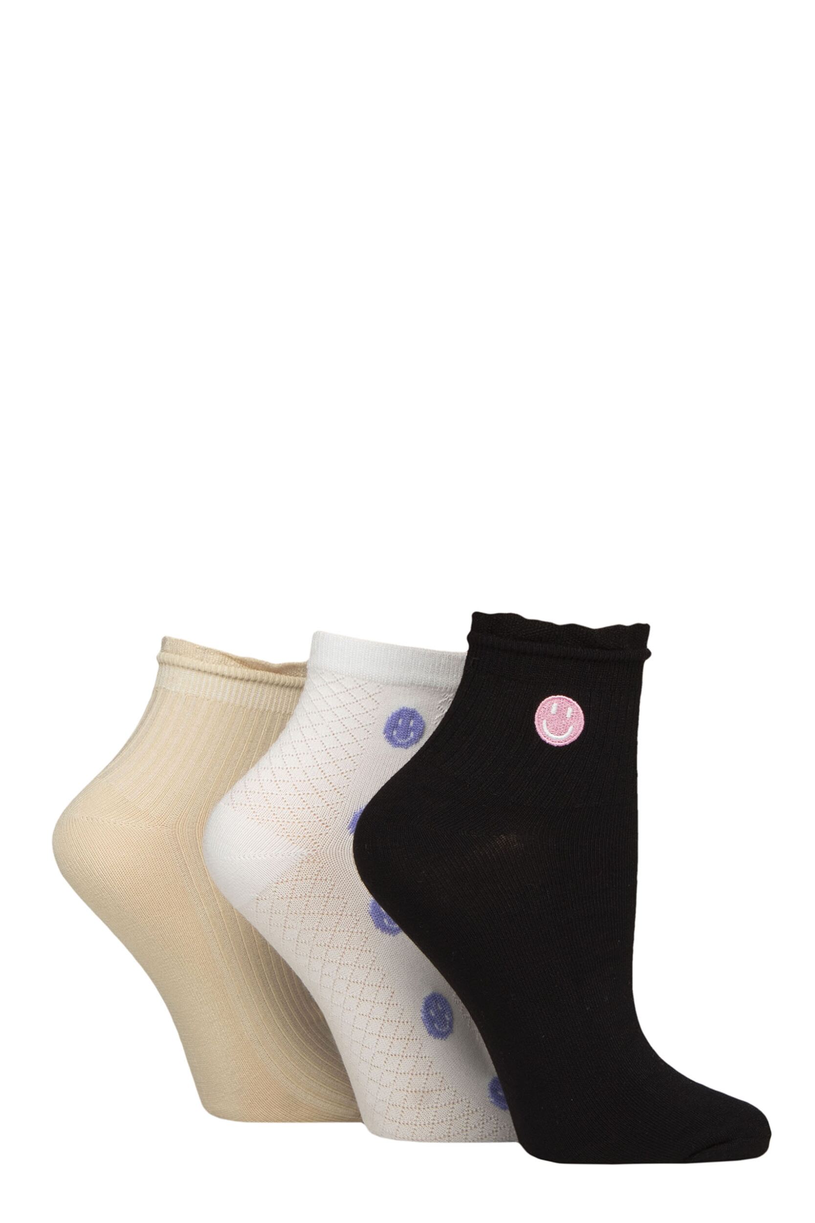 Women’s 3 Pair SOCKSHOP Frill Welt Ribbed Bamboo Anklet Socks Smiley Neutral 4-8