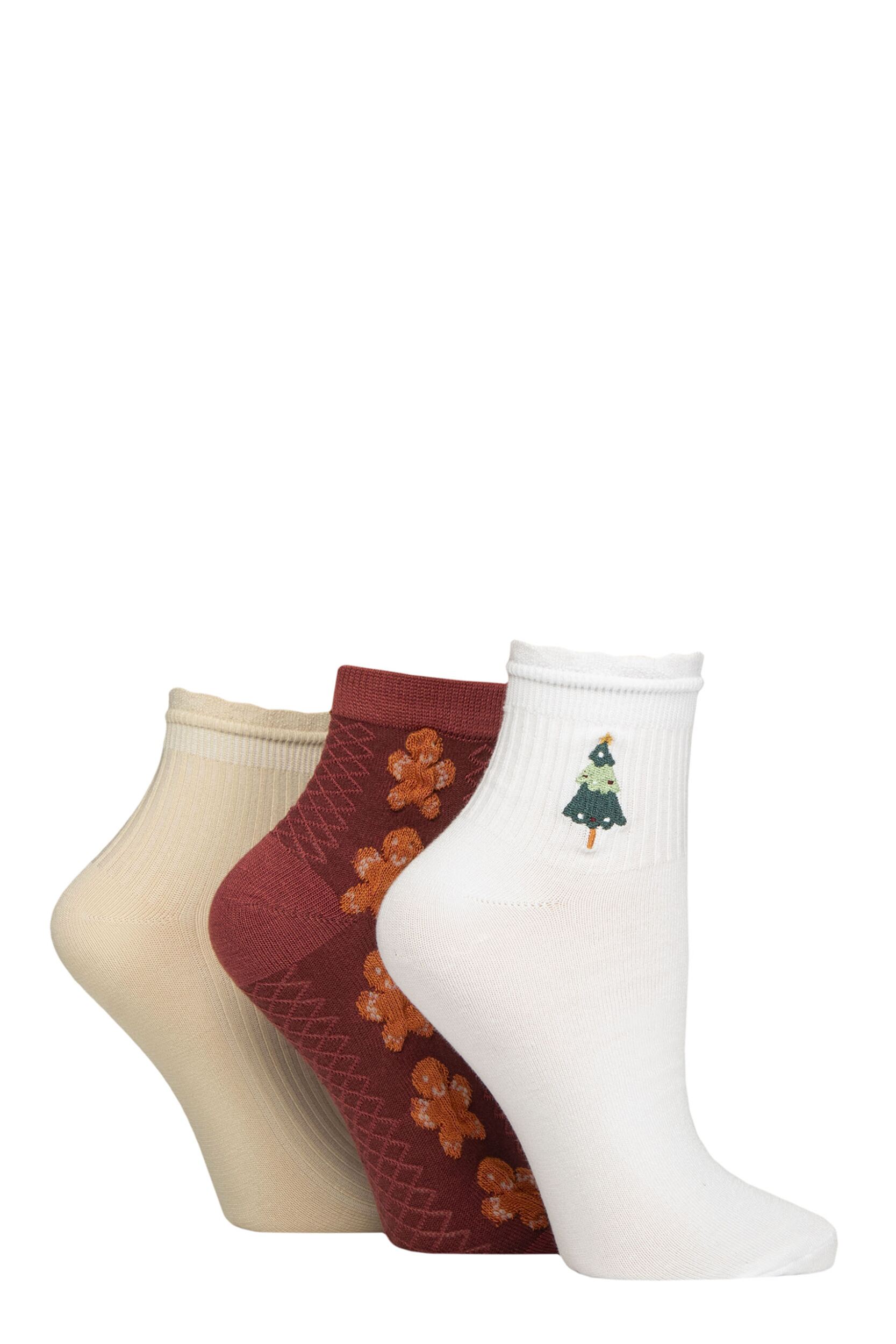 Women's 3 Pair SOCKSHOP Frill Welt Ribbed Bamboo Anklet Socks Xmas 4-8