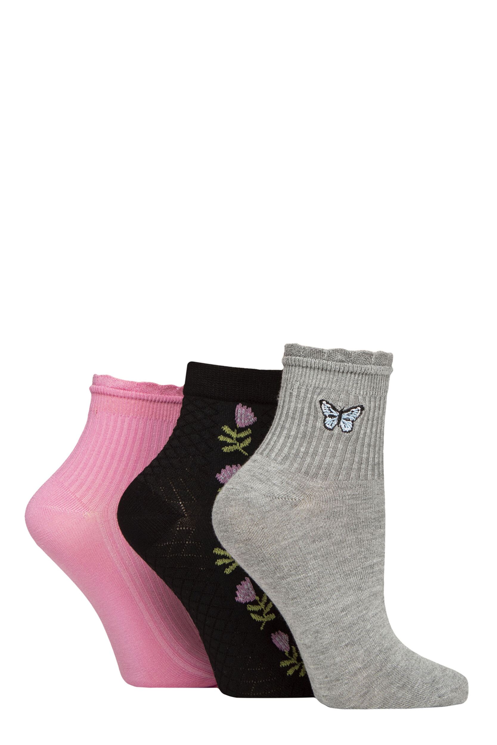 Women's 3 Pair SOCKSHOP Frill Welt Ribbed Bamboo Anklet Socks Butterfly 4-8