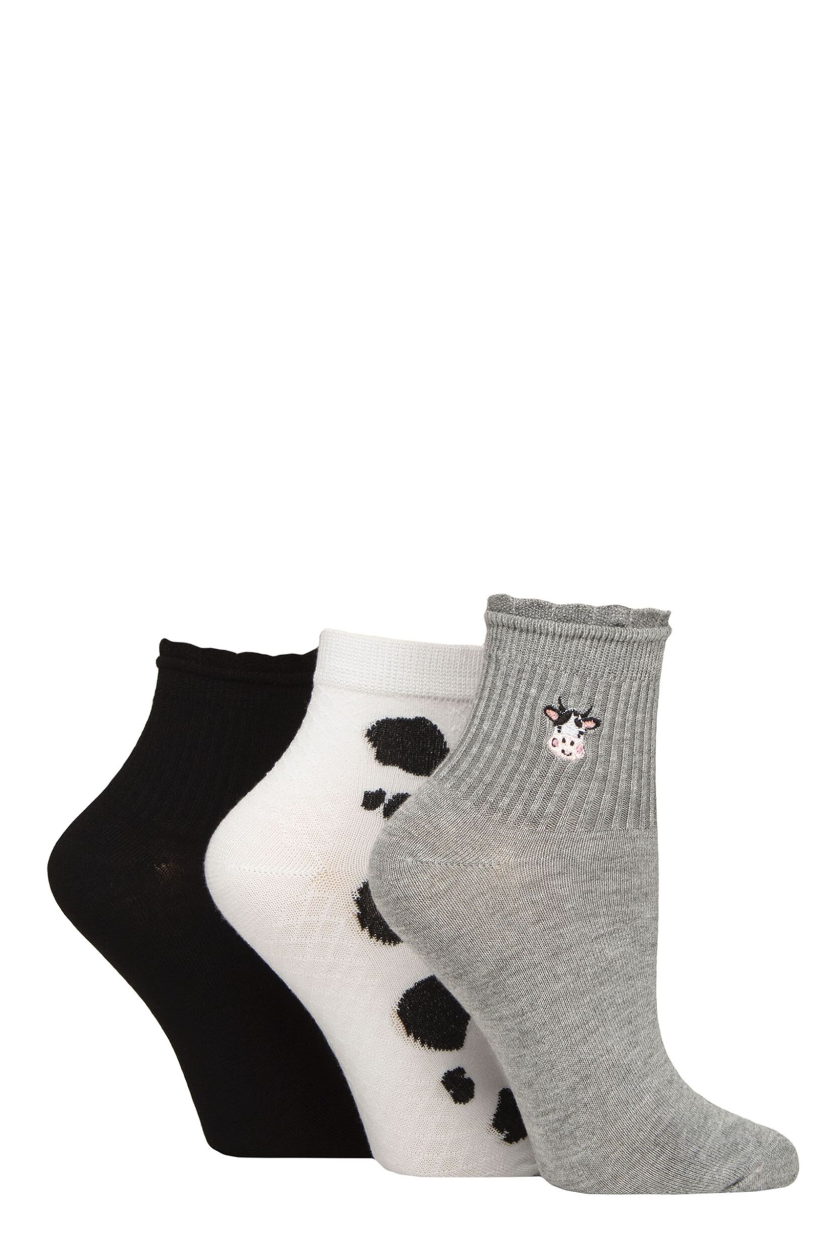 Women's 3 Pair SOCKSHOP Frill Welt Ribbed Bamboo Anklet Socks Cows 4-8