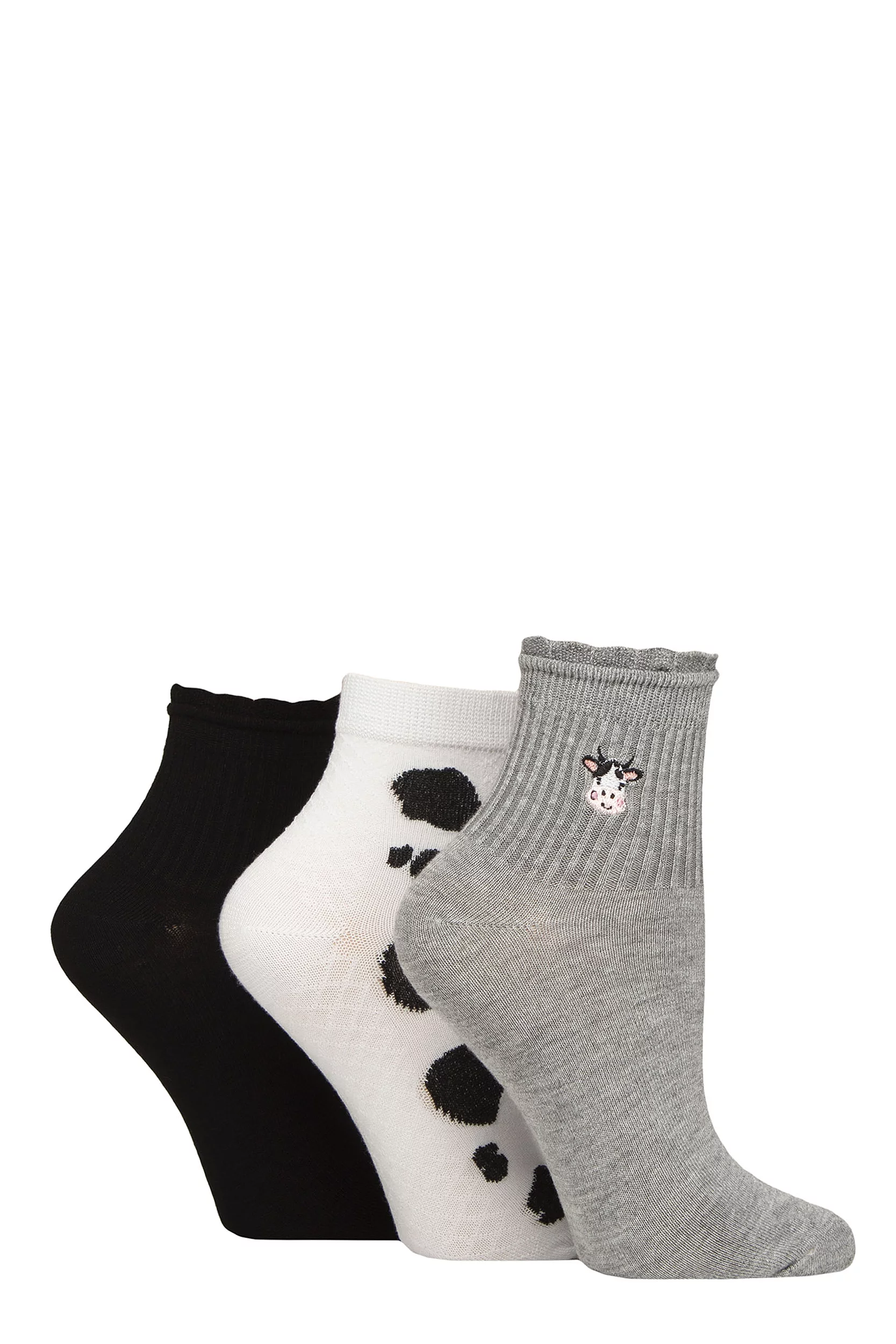 Women's 3 Pair SOCKSHOP Frill Welt Ribbed Bamboo Anklet Socks Cows 4