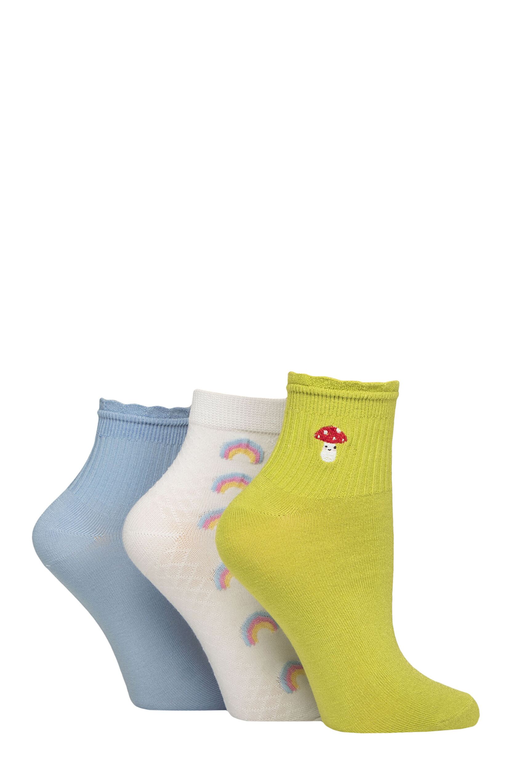 Women’s 3 Pair SOCKSHOP Frill Welt Ribbed Bamboo Anklet Socks Mushroom / Rainbow 4-8
