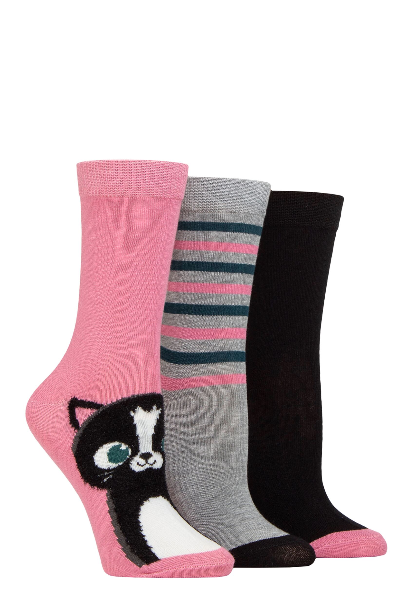Women's 3 Pair SOCKSHOP Bamboo Feather Socks Fluffy Cat 4-8