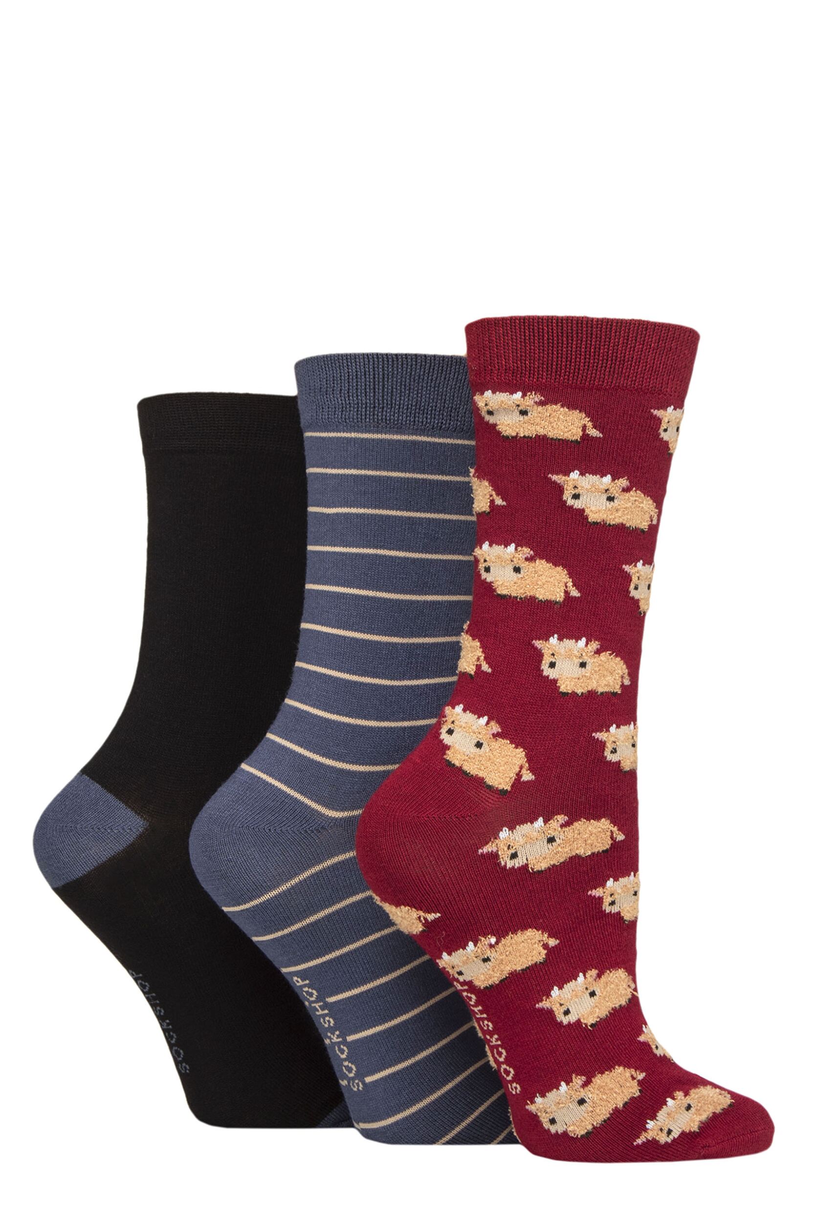 Women's 3 Pair SOCKSHOP Bamboo Feather Socks Highland Cow 4-8
