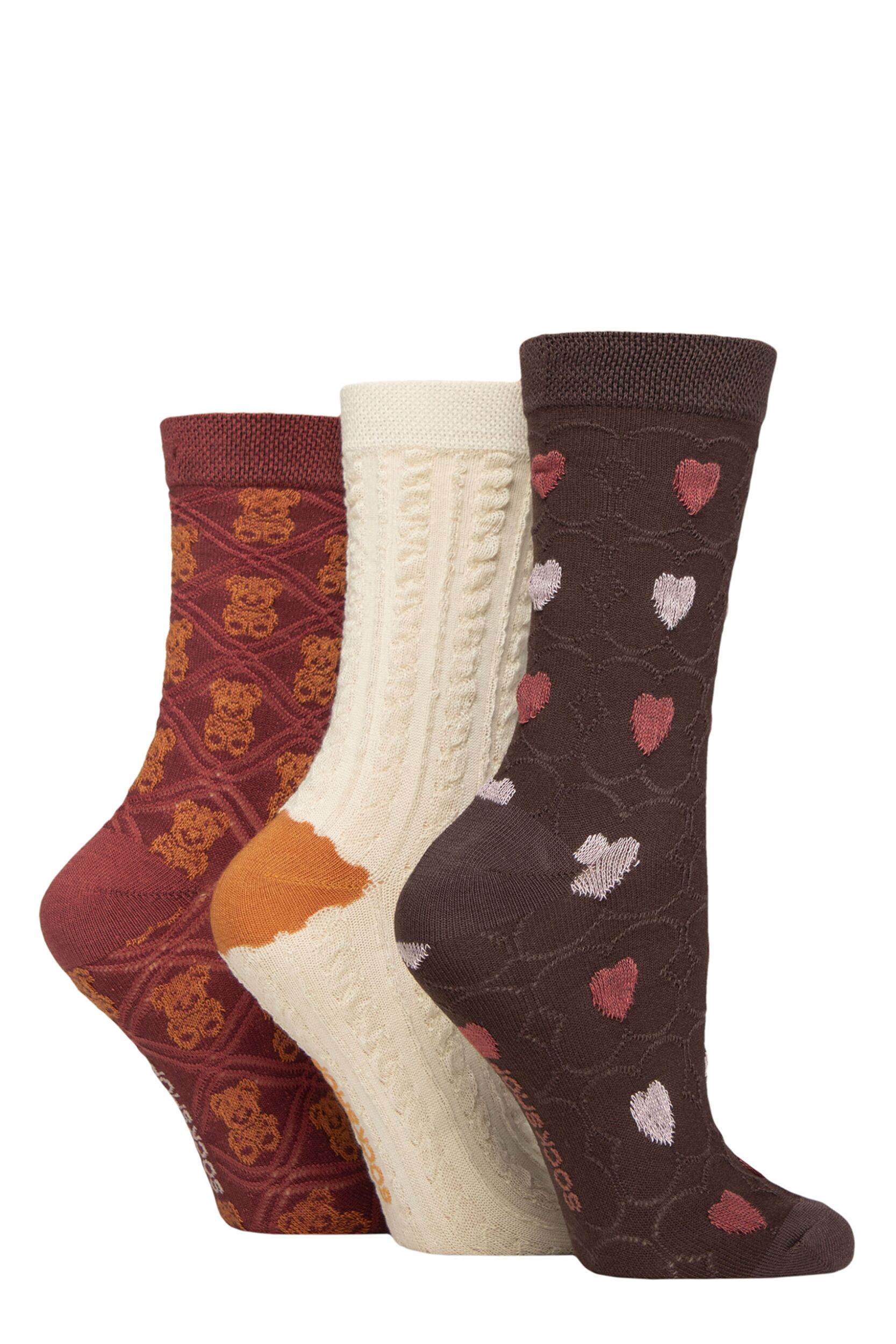 Women's 3 Pair SOCKSHOP Patterned Pelerine Bamboo Socks Teddy Hearts 4-8