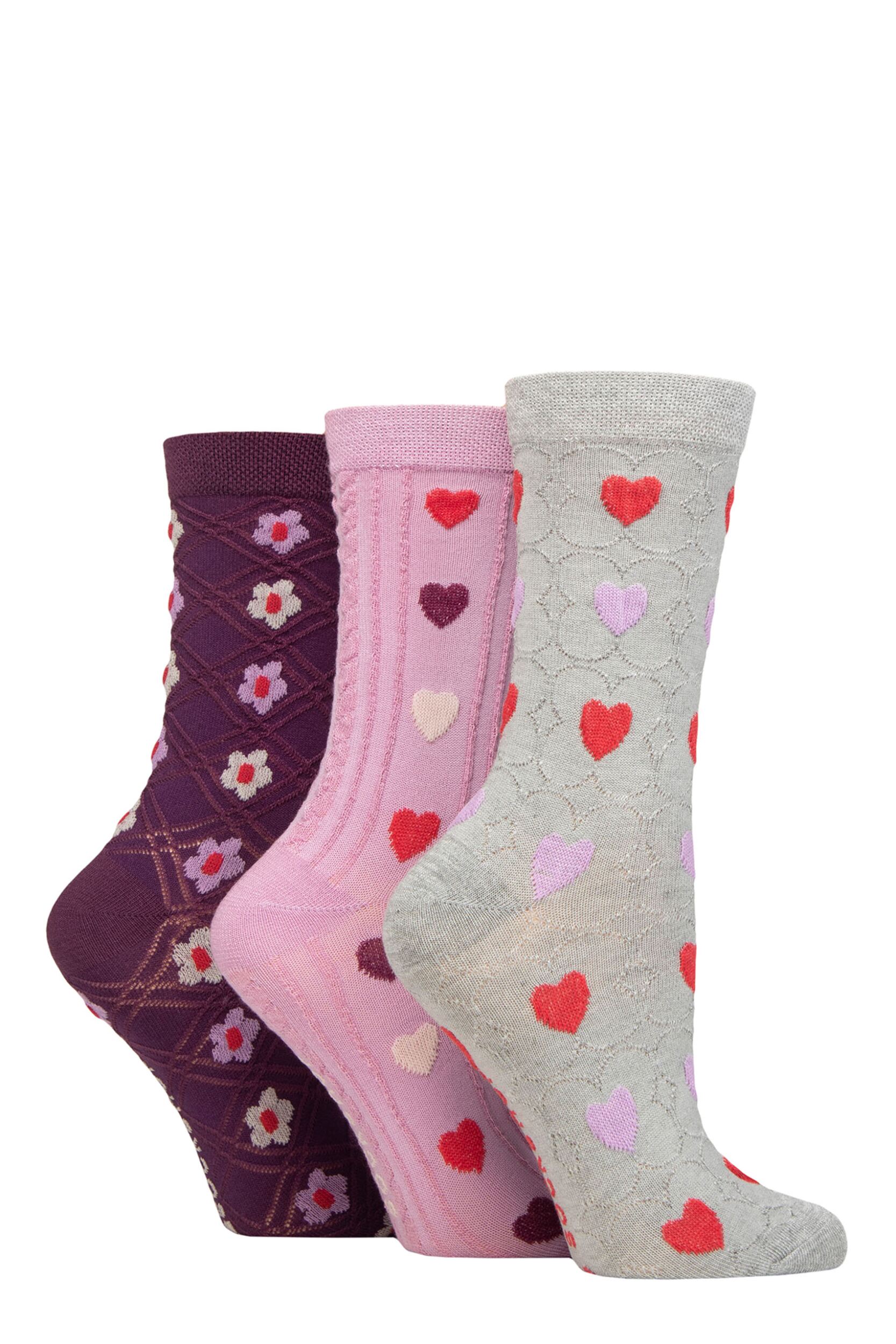 Women’s 3 Pair SOCKSHOP Patterned Pelerine Bamboo Socks Hearts 4-8