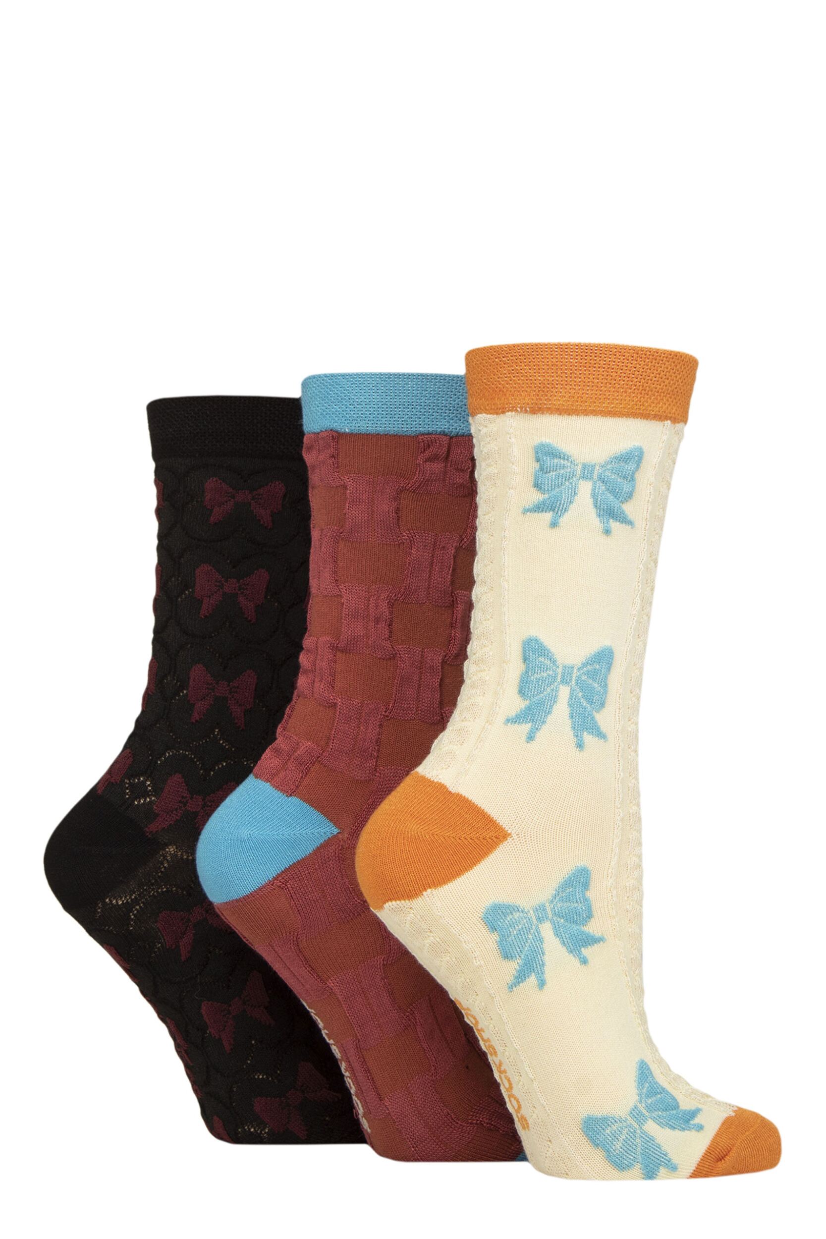 Women's 3 Pair SOCKSHOP Patterned Pelerine Bamboo Socks Bows 4-8