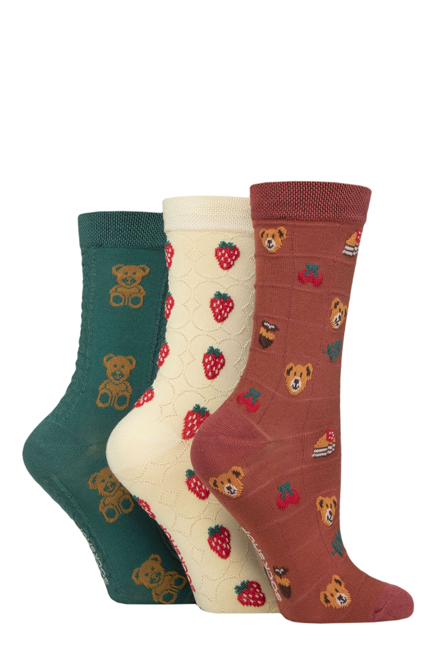 Women's 3 Pair SOCKSHOP Patterned Pelerine Bamboo Socks Teddy Picnic 4-8