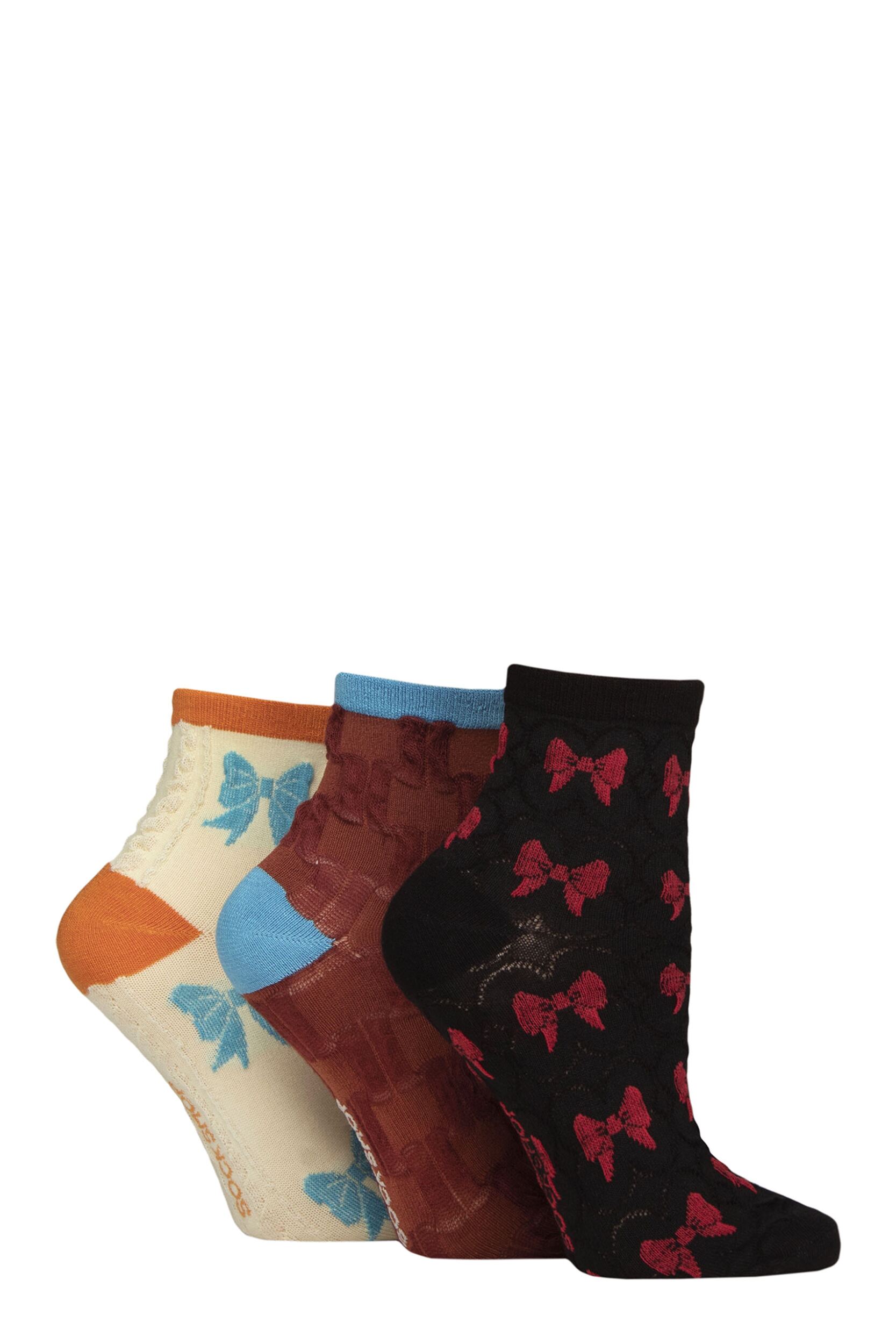 Women's 3 Pair SOCKSHOP Patterned Pelerine Bamboo Anklet Socks Bows 4-8