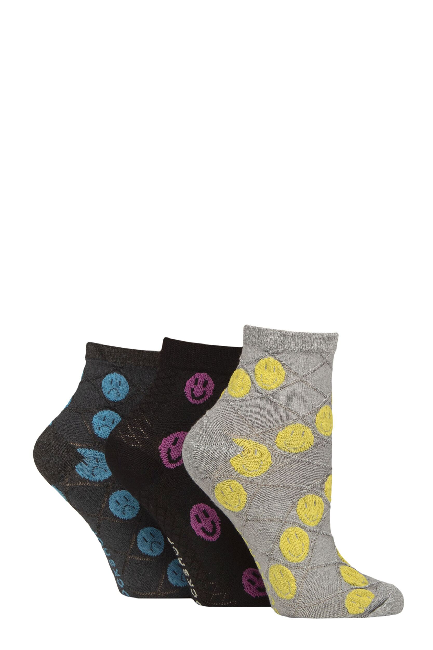 Women's 3 Pair SOCKSHOP Patterned Pelerine Bamboo Anklet Socks Smiley Face 4-8