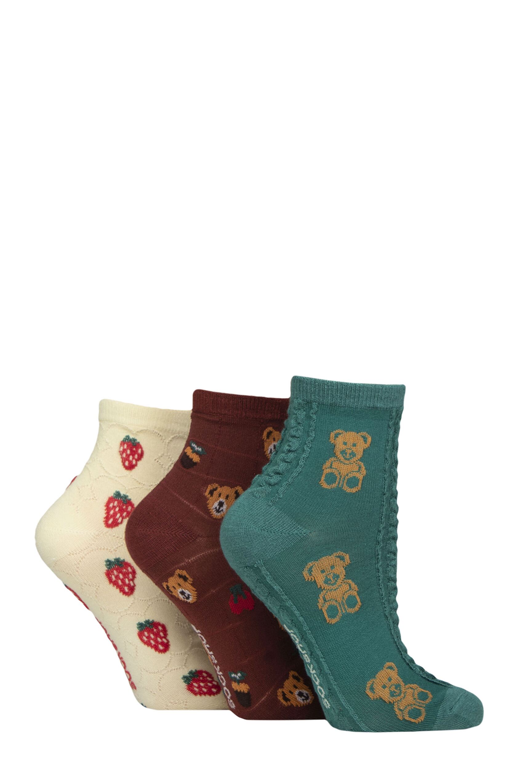 Women's 3 Pair SOCKSHOP Patterned Pelerine Bamboo Anklet Socks Teddy Picnic 4-8