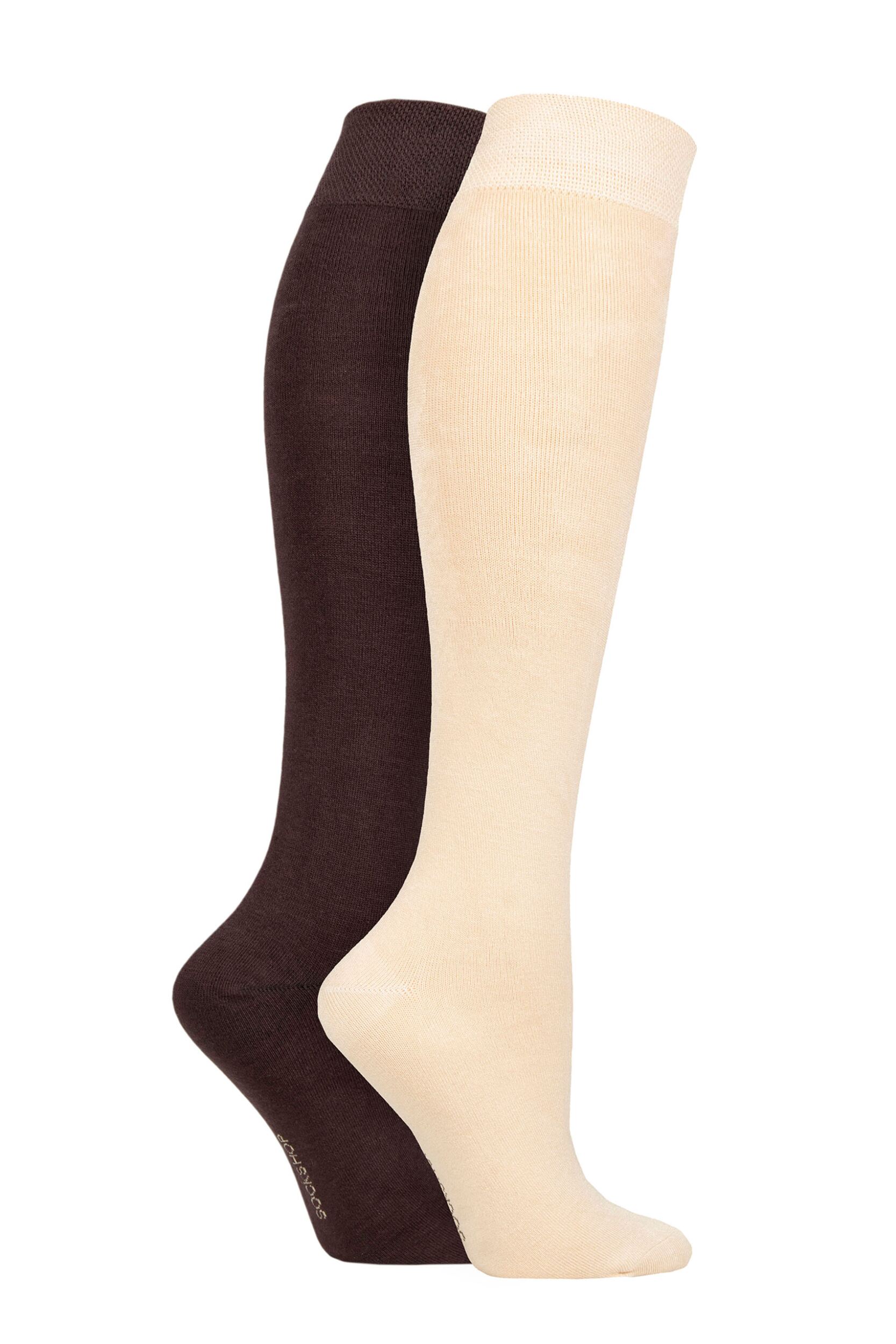 2 Pair Cocoa Plain Bamboo Knee High Socks with Smooth Toe Seams Ladies 4-8 Ladies - SOCKSHOP