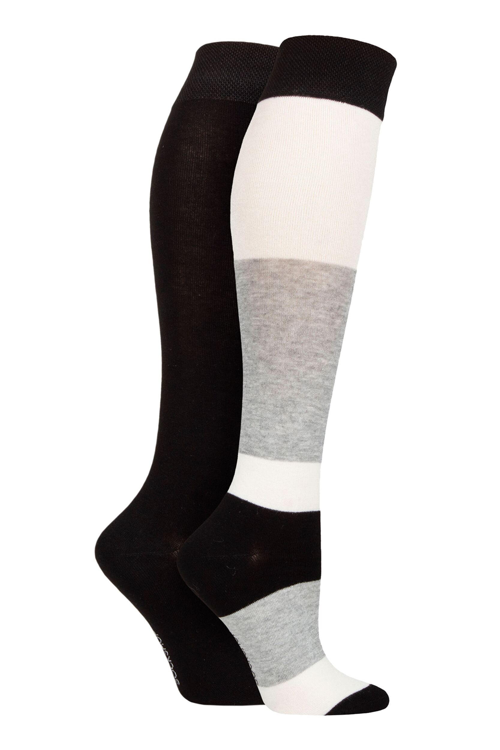Image of Women's 2 Pair SOCKSHOP Plain and Patterned Bamboo Knee High Socks with Smooth Toe Seams Monochrome 4-8 Ladies