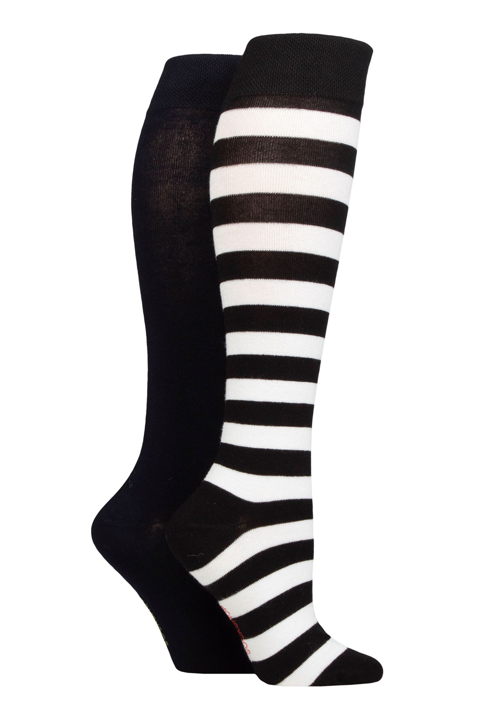 Women's 2 Pair SOCKSHOP Plain and Patterned Bamboo Knee High Socks with Smooth Toe Seams Black / White Stripe 4-8