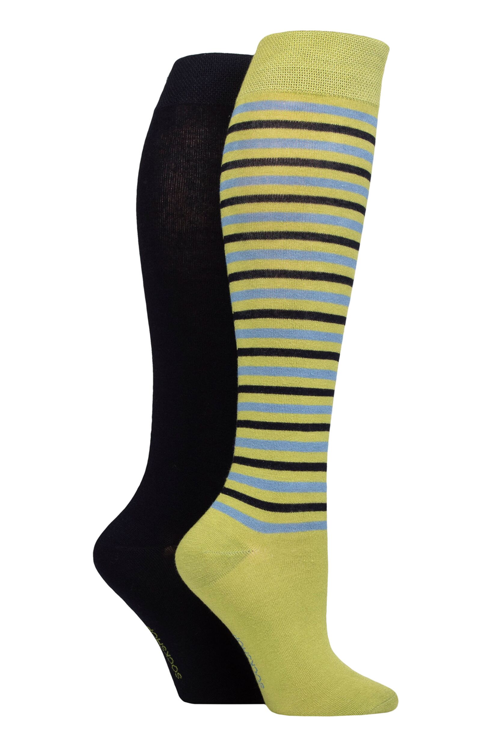 Women's 2 Pair SOCKSHOP Plain and Patterned Bamboo Knee High Socks with Smooth Toe Seams Spanish Moss Stripe 4-8
