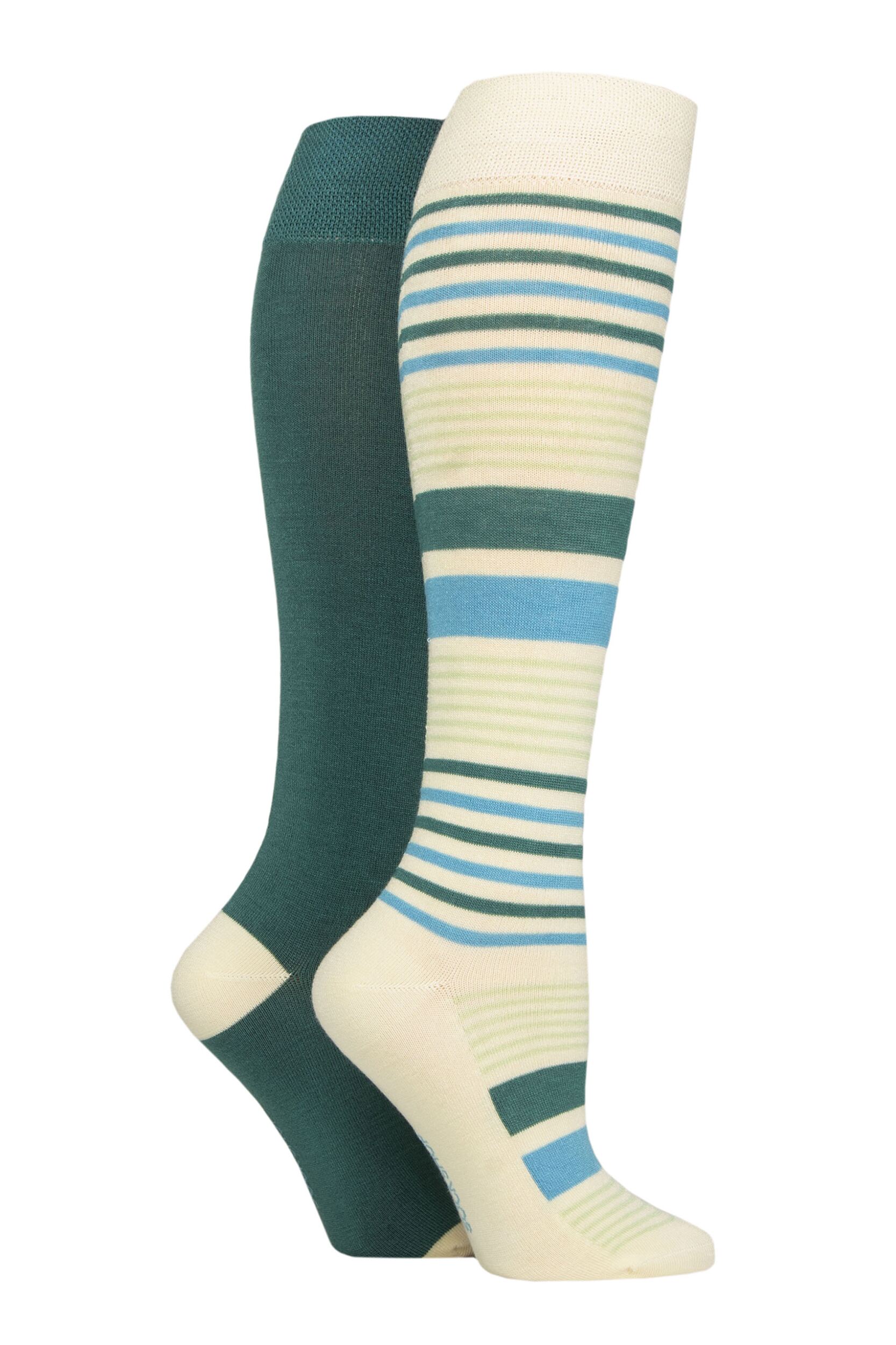 Women's 2 Pair SOCKSHOP Plain and Patterned Bamboo Knee High Socks with Smooth Toe Seams Storm Stripe 4-8