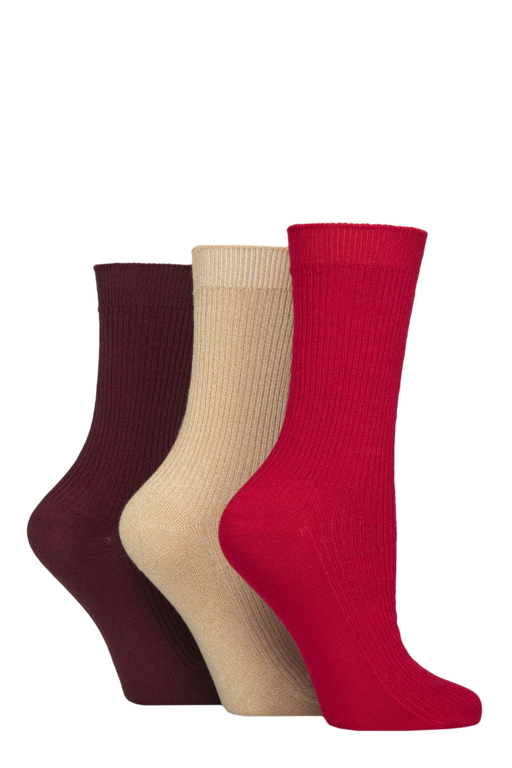 Image of Women's 3 Pair SOCKSHOP Bamboo Ribbed Socks Red / Burgundy / Camel 4-8