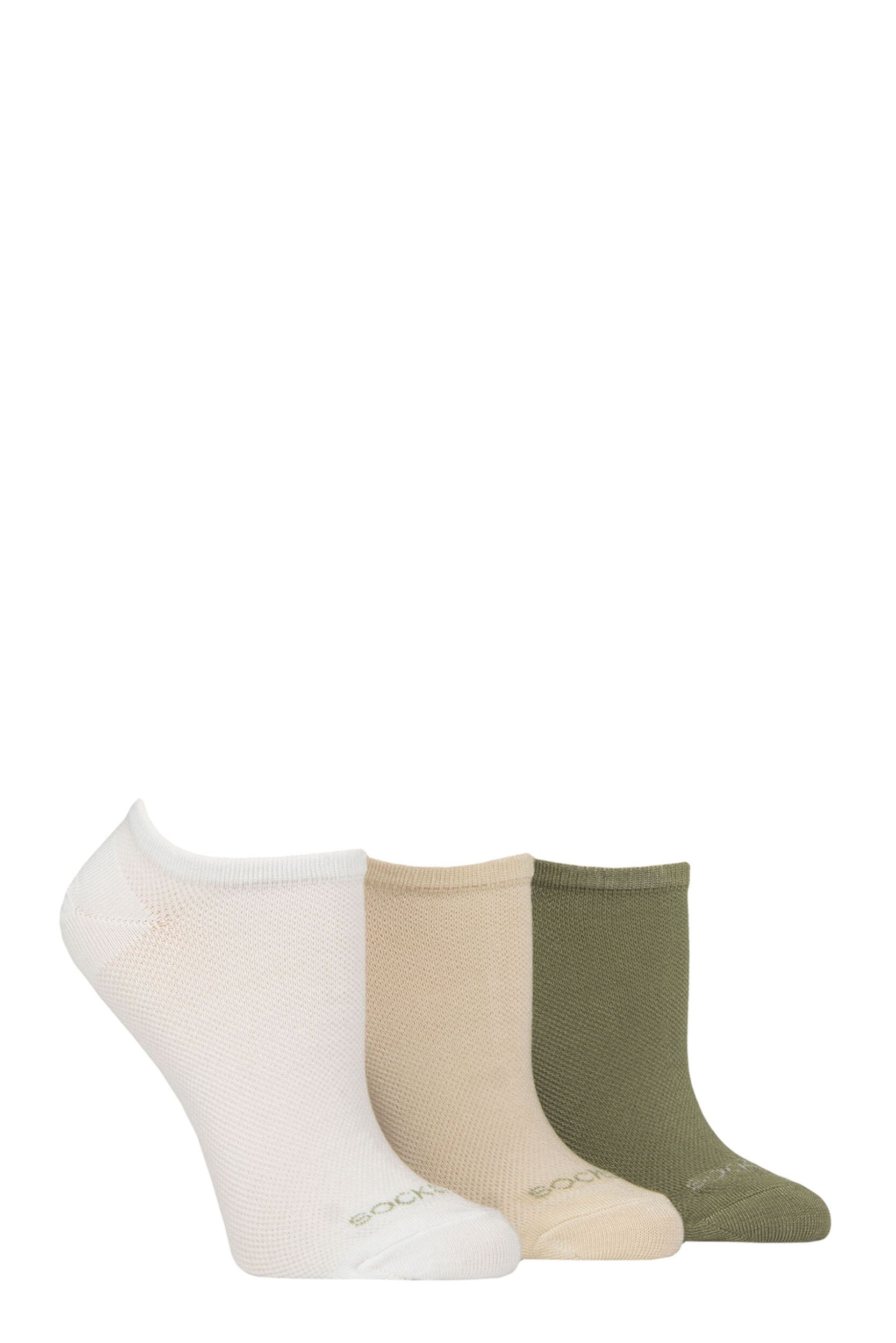 Women's 3 Pair SOCKSHOP Patterned, Striped, Plain, Ribbed and Mesh Bamboo Trainer Socks White / Beige / Khaki Mesh 4-8