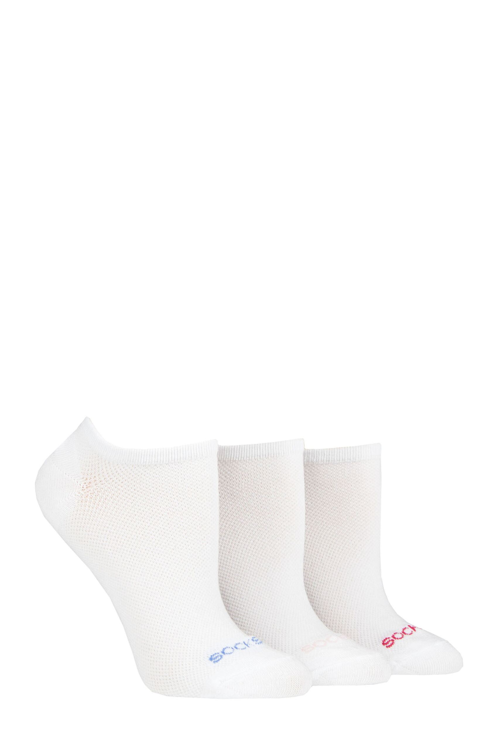 Women's 3 Pair SOCKSHOP Patterned, Striped, Plain, Ribbed and Mesh Bamboo Trainer Socks White Mesh 4-8