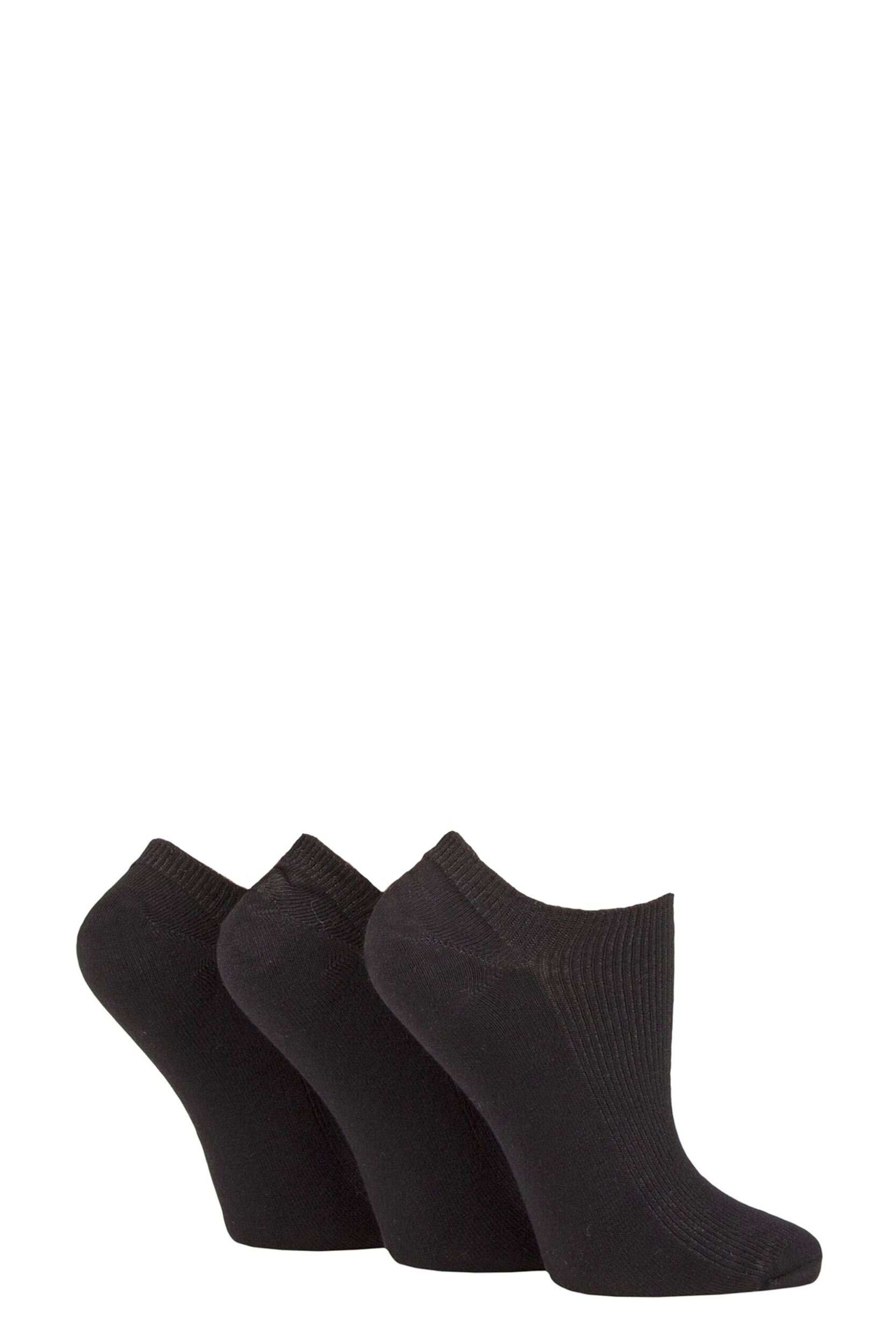 Women's 3 Pair SOCKSHOP Patterned, Striped, Plain, Ribbed and Mesh Bamboo Trainer Socks Black Ribbed 4-8 Ladies