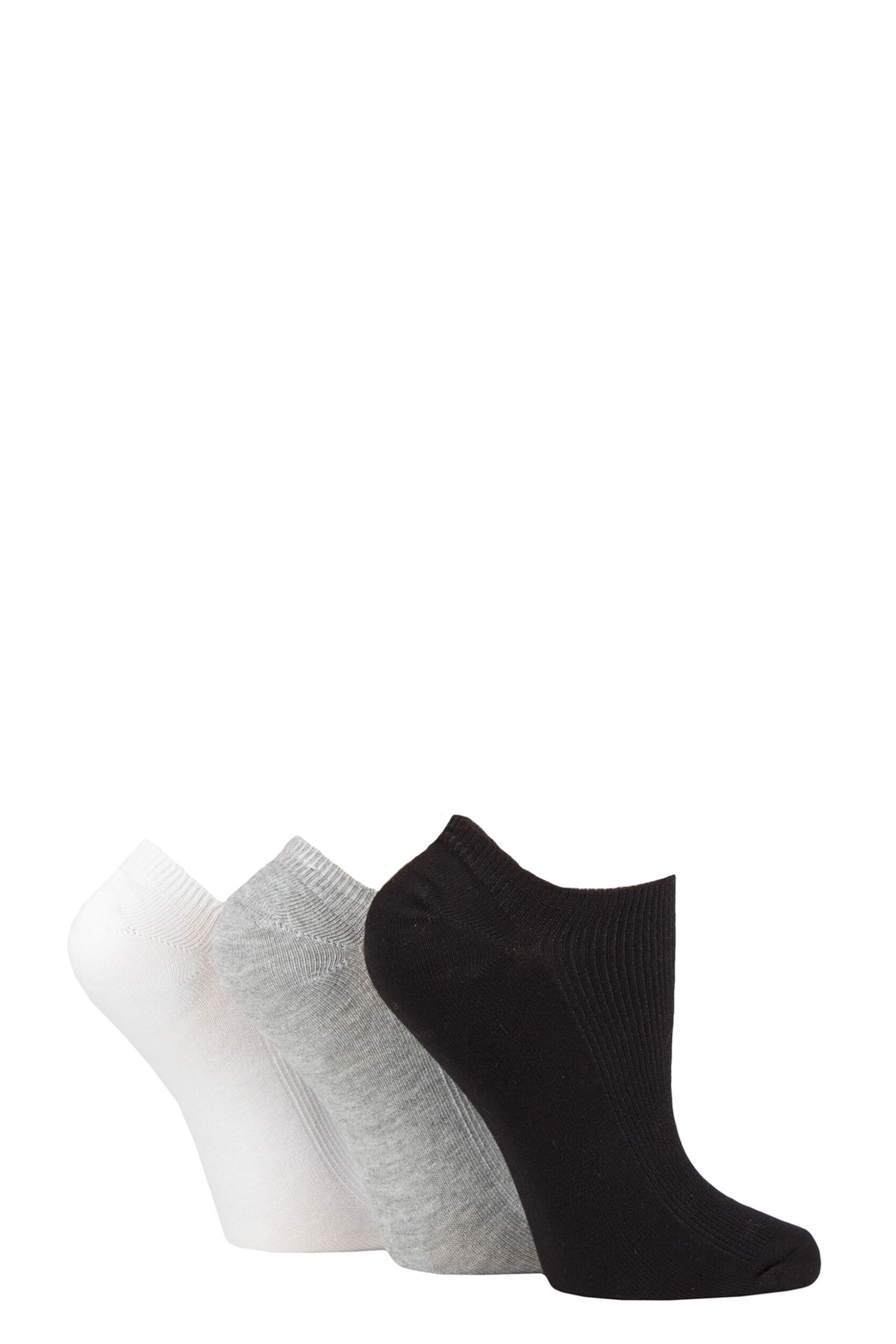 Women's 3 Pair SOCKSHOP Patterned, Striped, Plain, Ribbed and Mesh Bamboo Trainer Socks Black / White / Grey Ribbed 4-8 Ladies