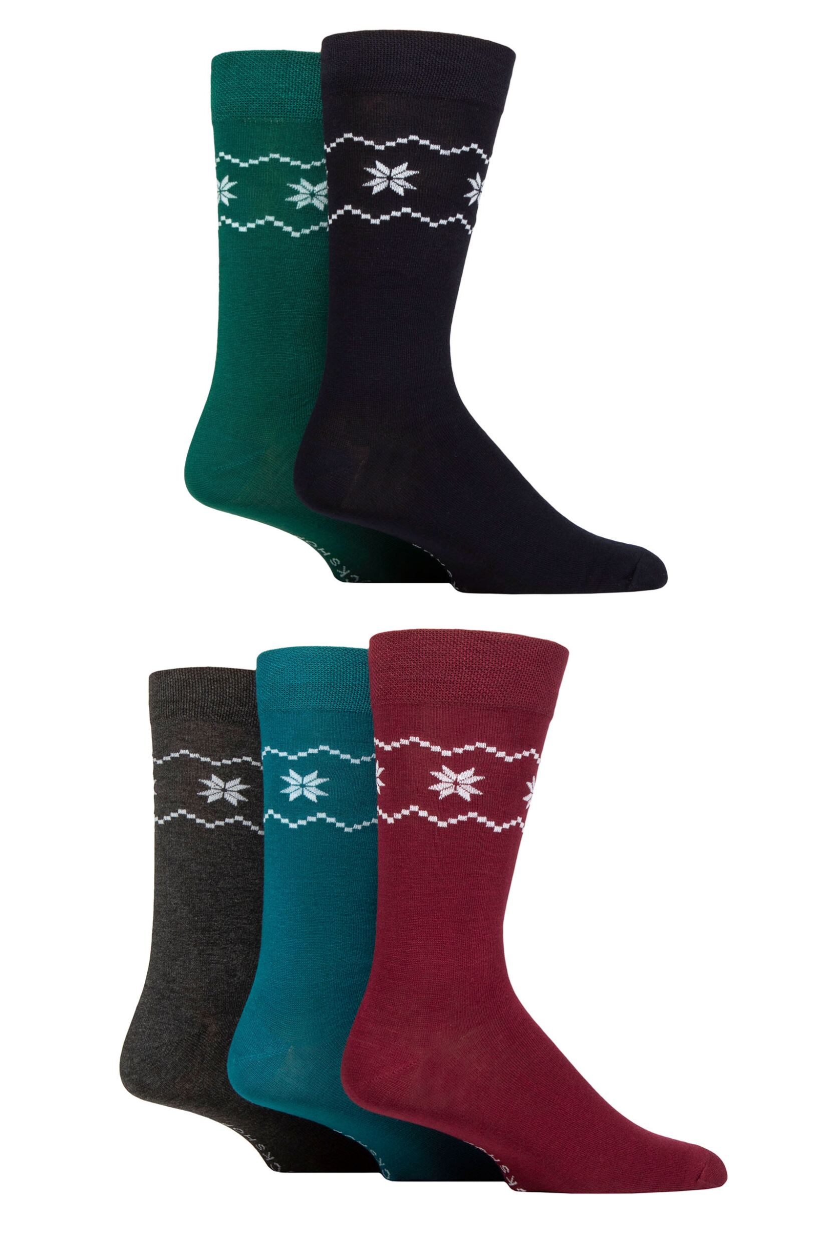 Mens 5 Pair SOCKSHOP Plain, Striped and Patterned Bamboo Socks Royal Fair Isle 7-11 Mens