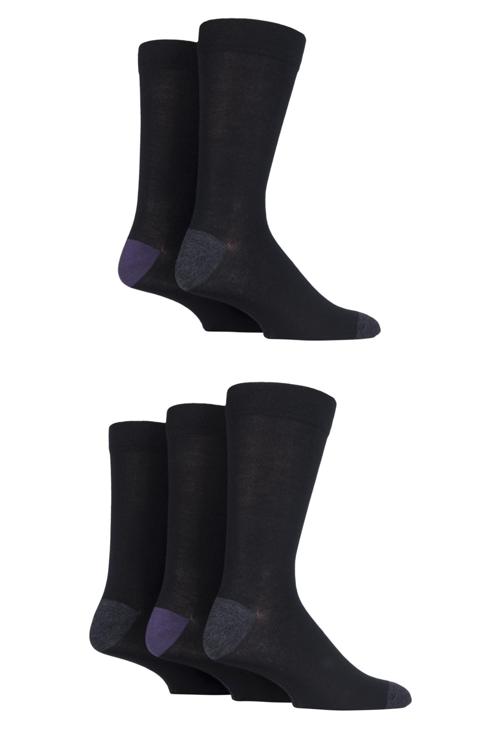 5 Pair Black Contrast Heel and Toe Bamboo Socks Men's 7-11 Mens - SOCKSHOP