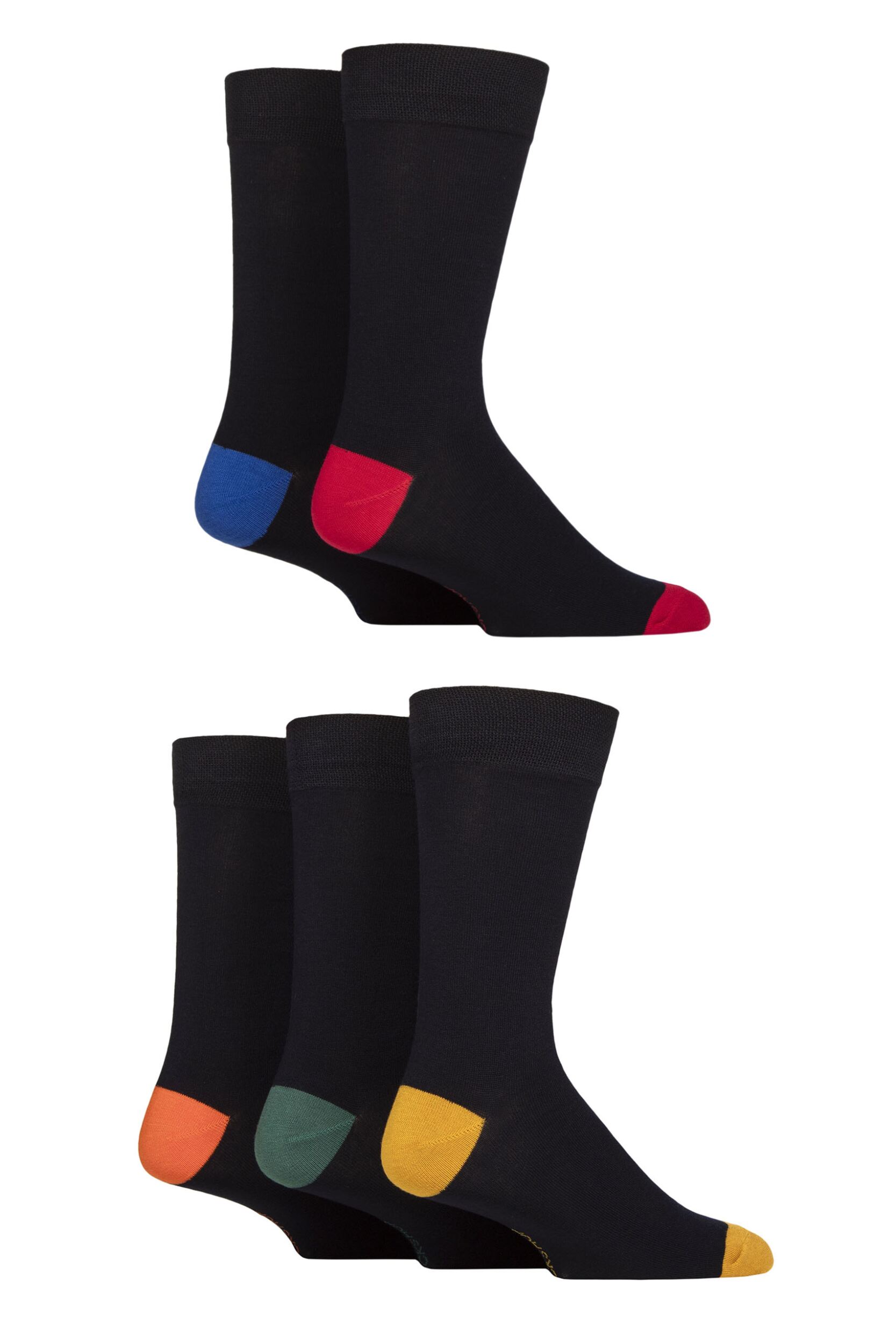 Image of Mens 5 Pair SOCKSHOP Plain, Striped and Patterned Bamboo Socks Navy Heel and Toe 7-11