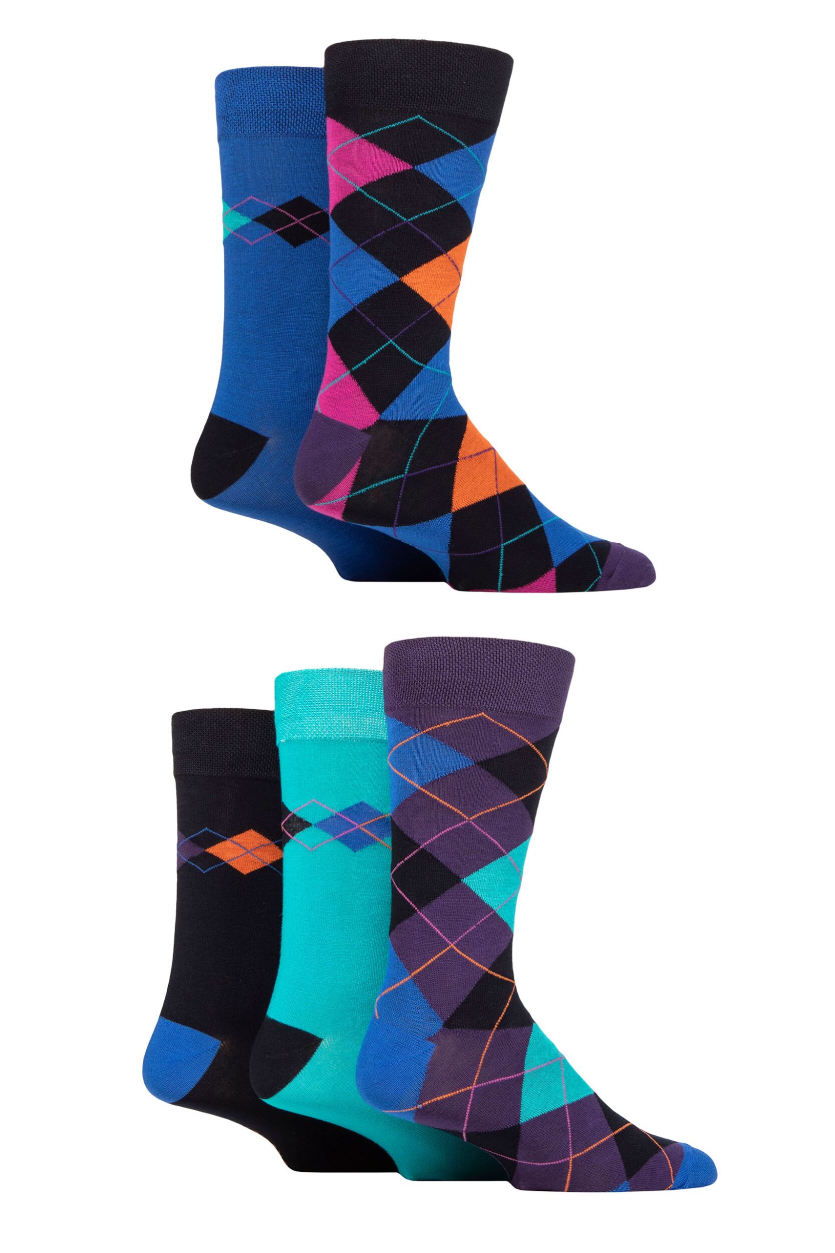Image of Mens 5 Pair SOCKSHOP Plain, Striped and Patterned Bamboo Socks Argyle Peacock 7-11