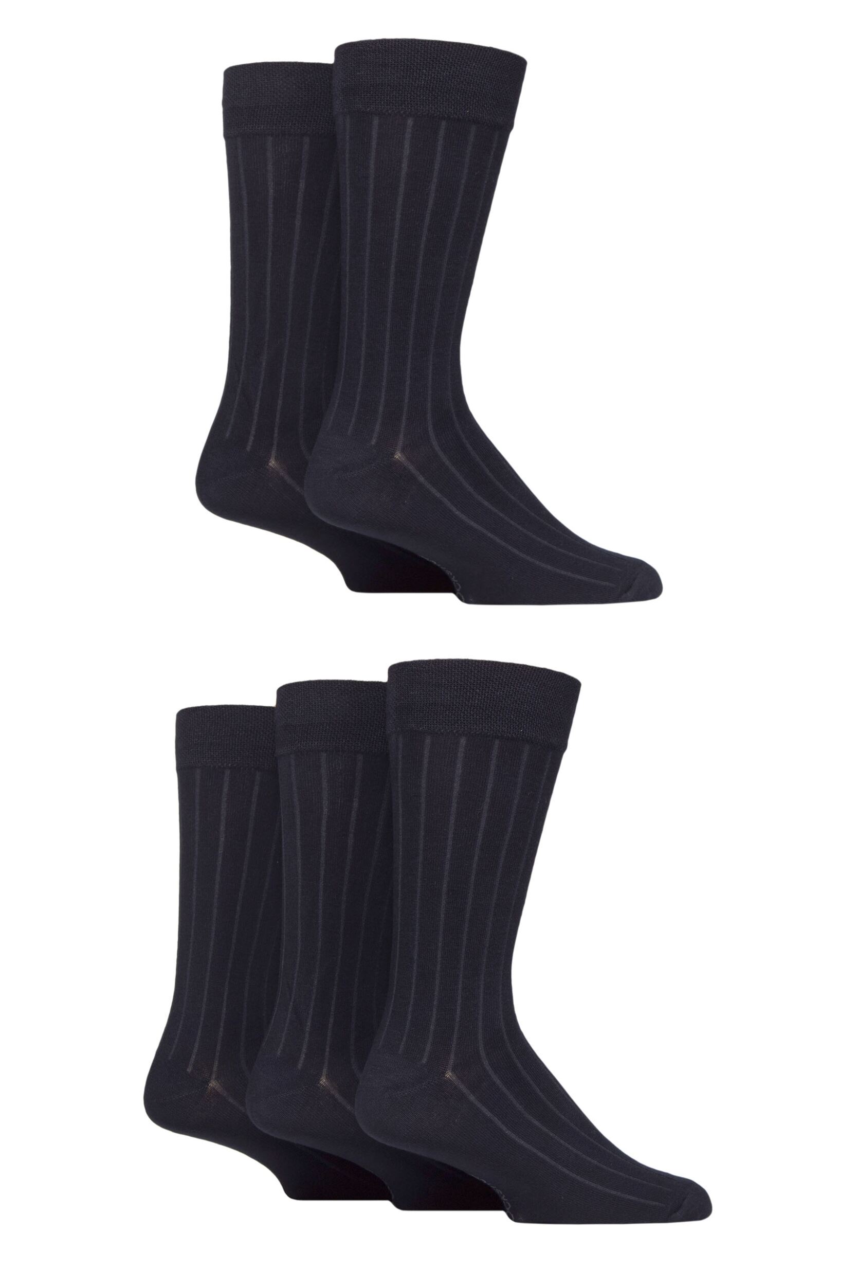 Image of Mens 5 Pair SOCKSHOP Plain, Striped and Patterned Bamboo Socks Navy Ribbed 7-11