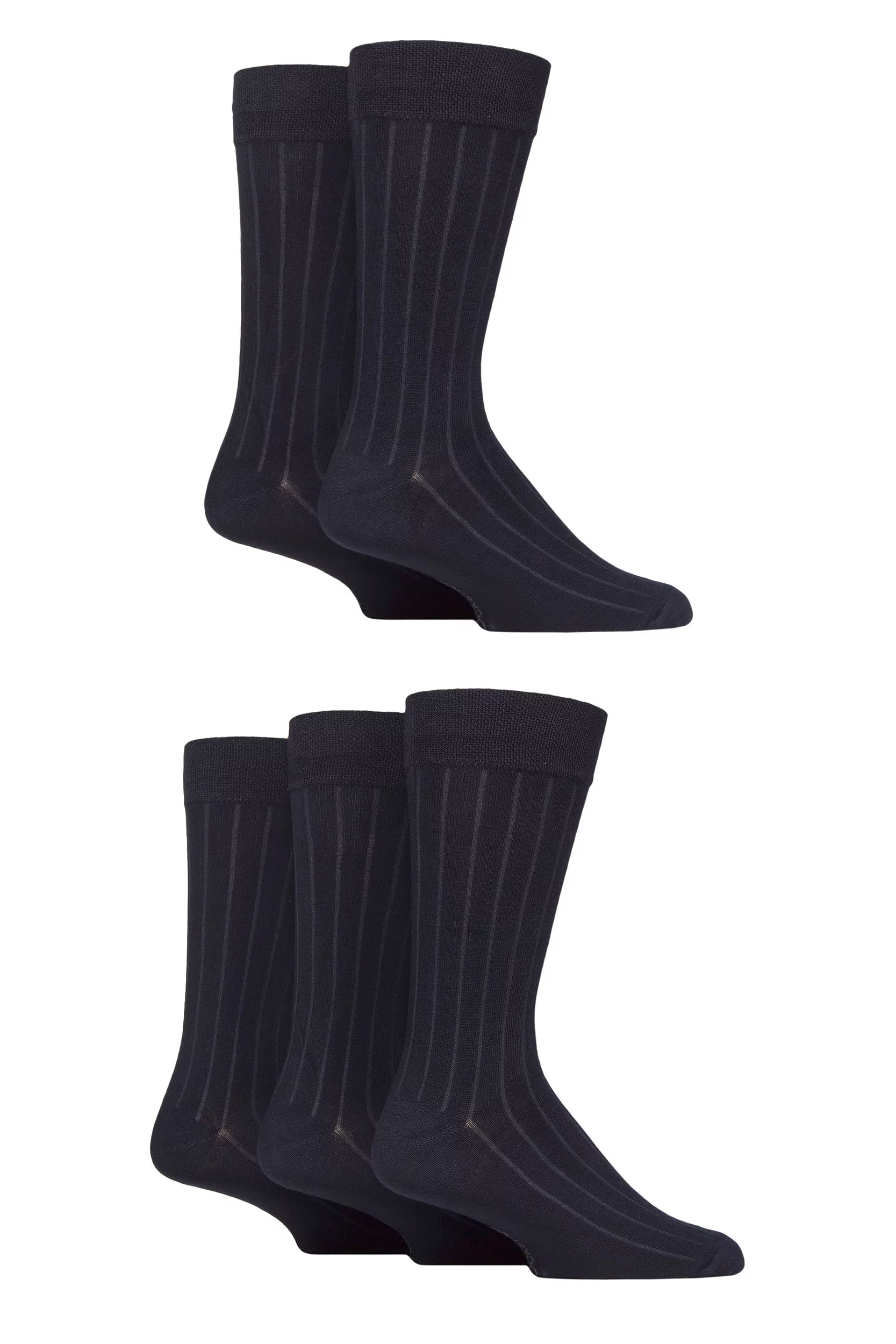 Mens 5 Pair SOCKSHOP Plain, Striped and Patterned Bamboo Socks Navy Ribbed 7
