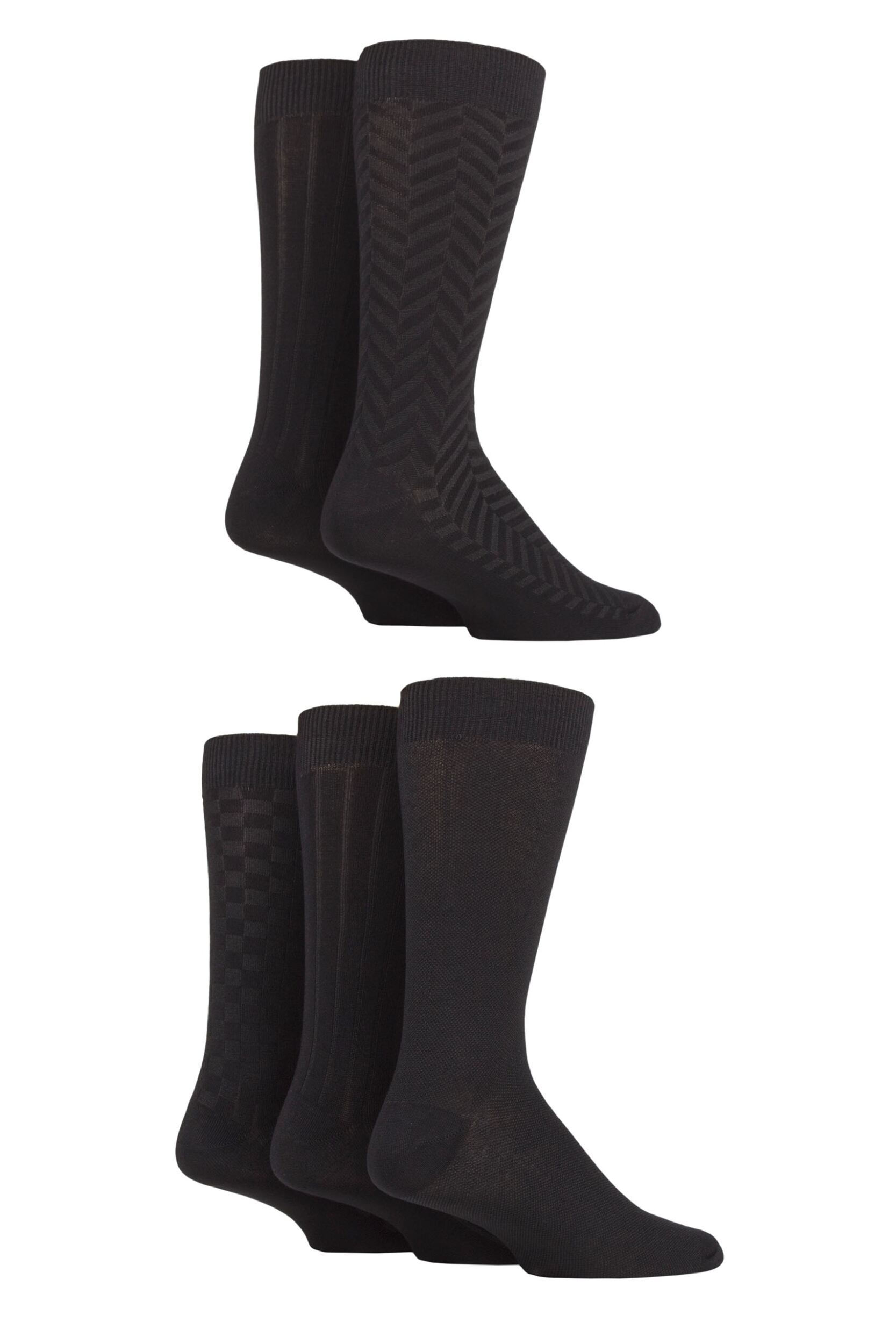 Mens 5 Pair SOCKSHOP Plain, Striped and Patterned Bamboo Socks Black Textured 7-11 Mens