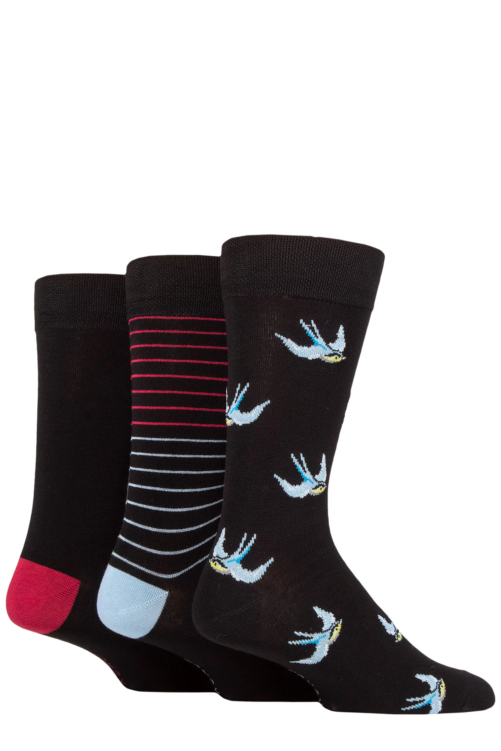 Men's 3 Pair SOCKSHOP Plain, Patterned, Striped and Heel & Toe Bamboo Socks Black Birds 7-11 Mens