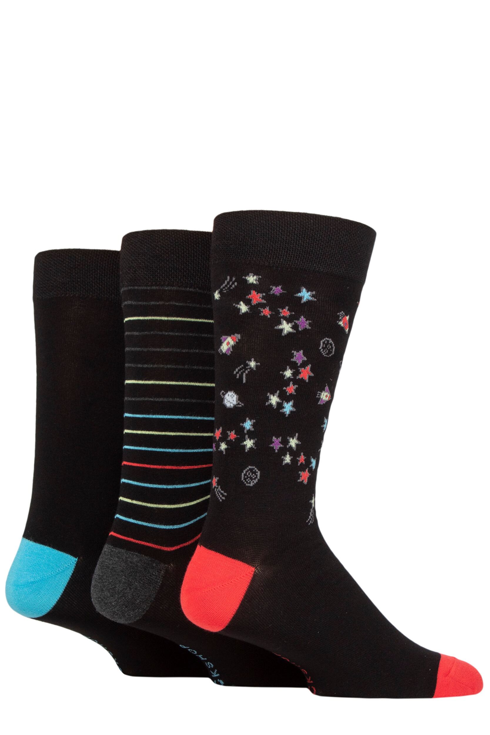 Men's 3 Pair SOCKSHOP Plain, Patterned, Striped and Heel & Toe Bamboo Socks Black Rockets 7-11 Mens
