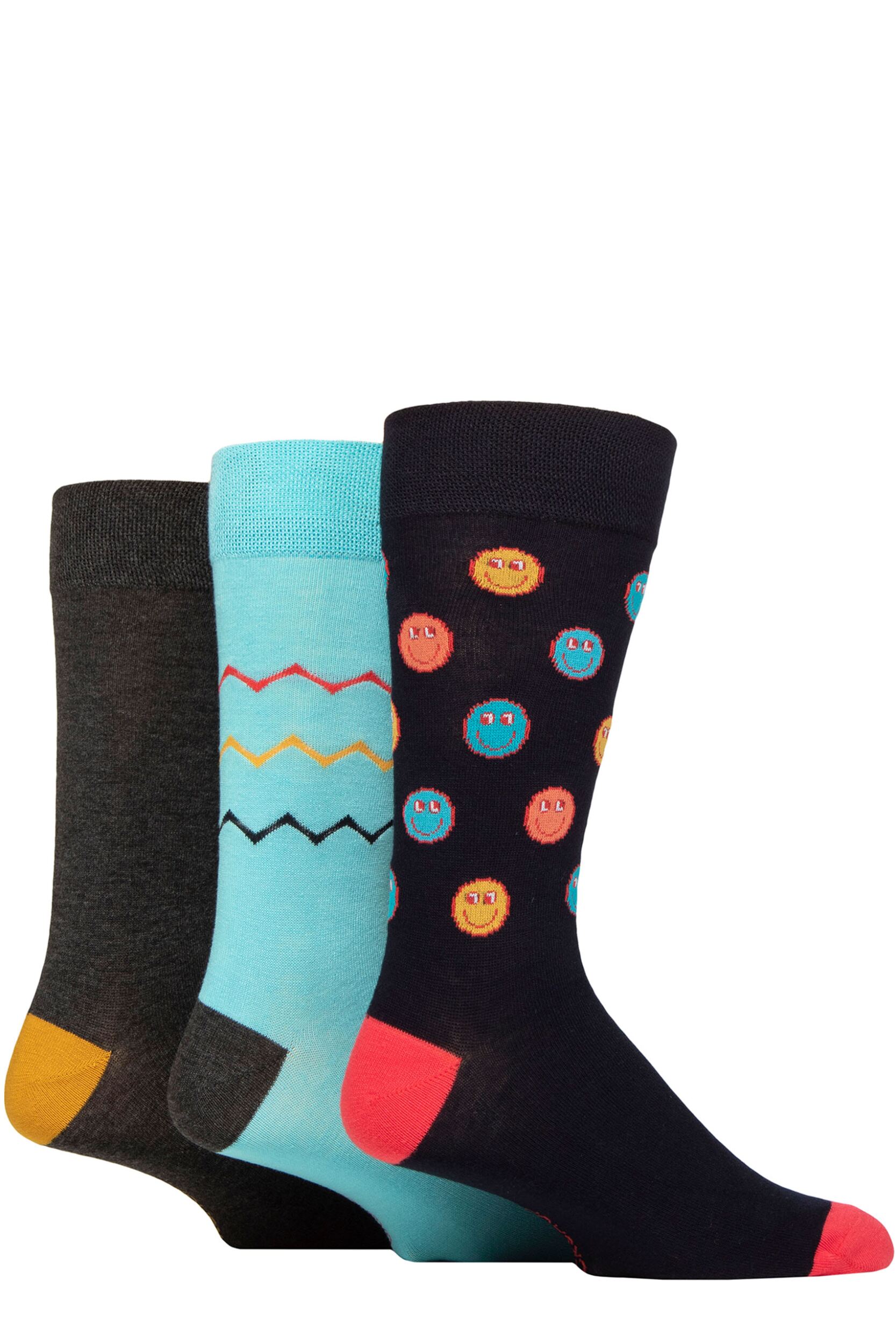 Men's 3 Pair SOCKSHOP Plain, Patterned, Striped and Heel & Toe Bamboo Socks Smiley Face 7-11