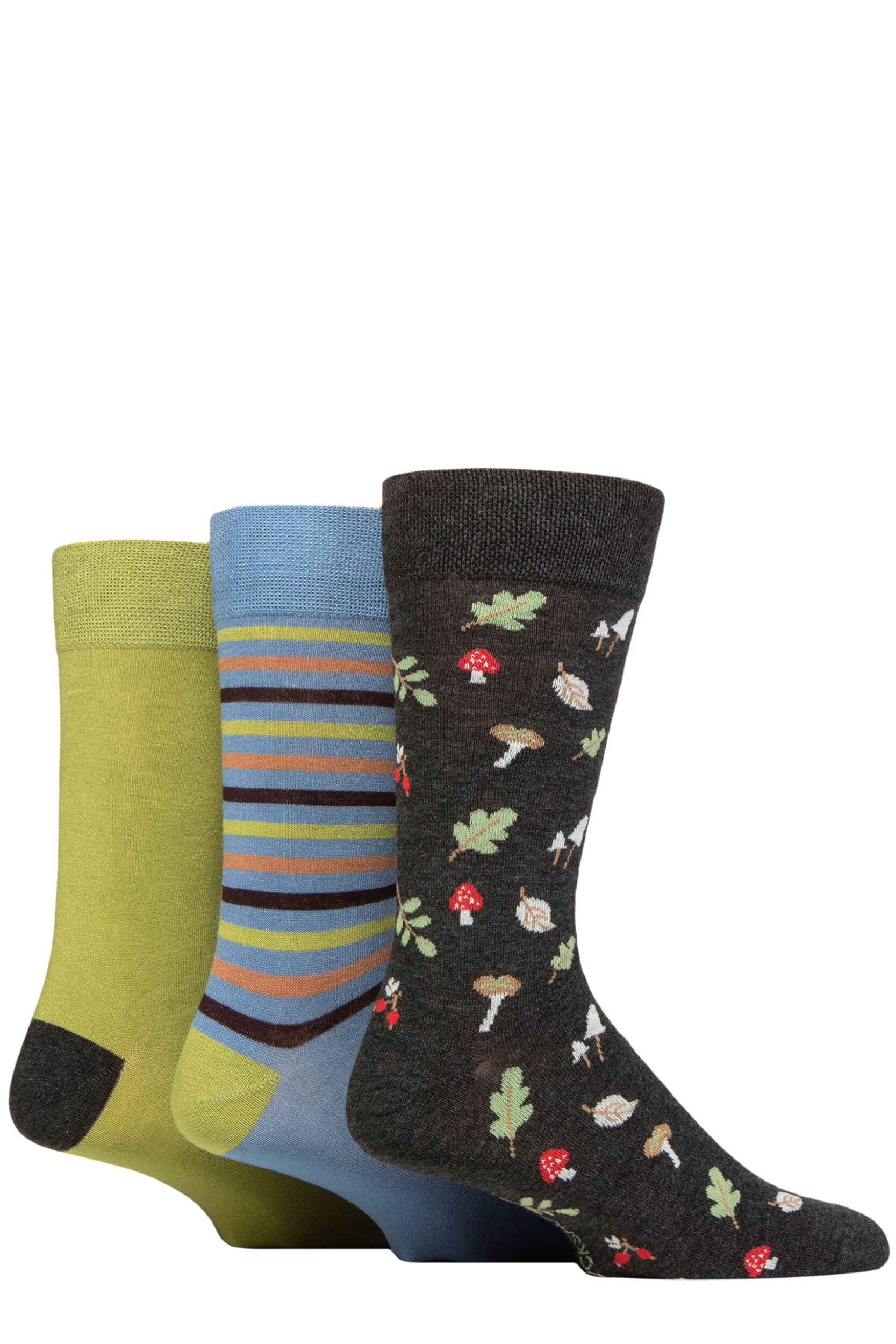 Men's 3 Pair SOCKSHOP Plain, Patterned, Striped and Heel & Toe Bamboo Socks Woodland 7-11