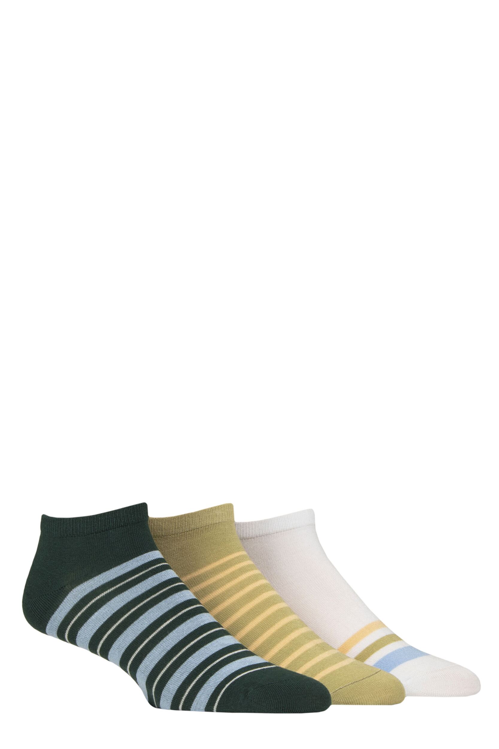 Image of Mens 3 Pair SOCKSHOP Bamboo Plain and Patterned Trainer Socks with Smooth Toe Seams Avocado 6-11