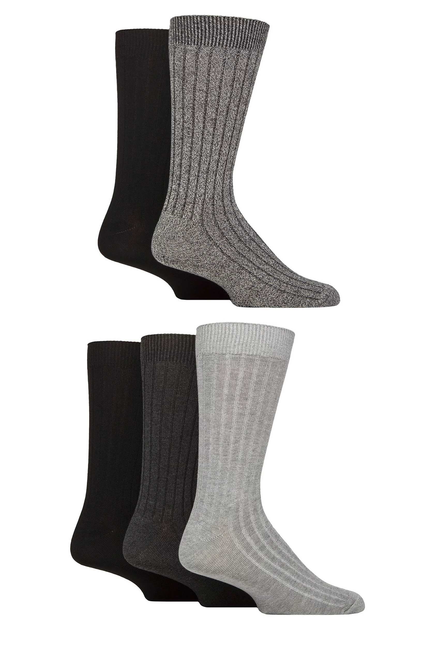 Mens 5 Pair SOCKSHOP Bamboo Leisure Ribbed Socks Black / Grey 7