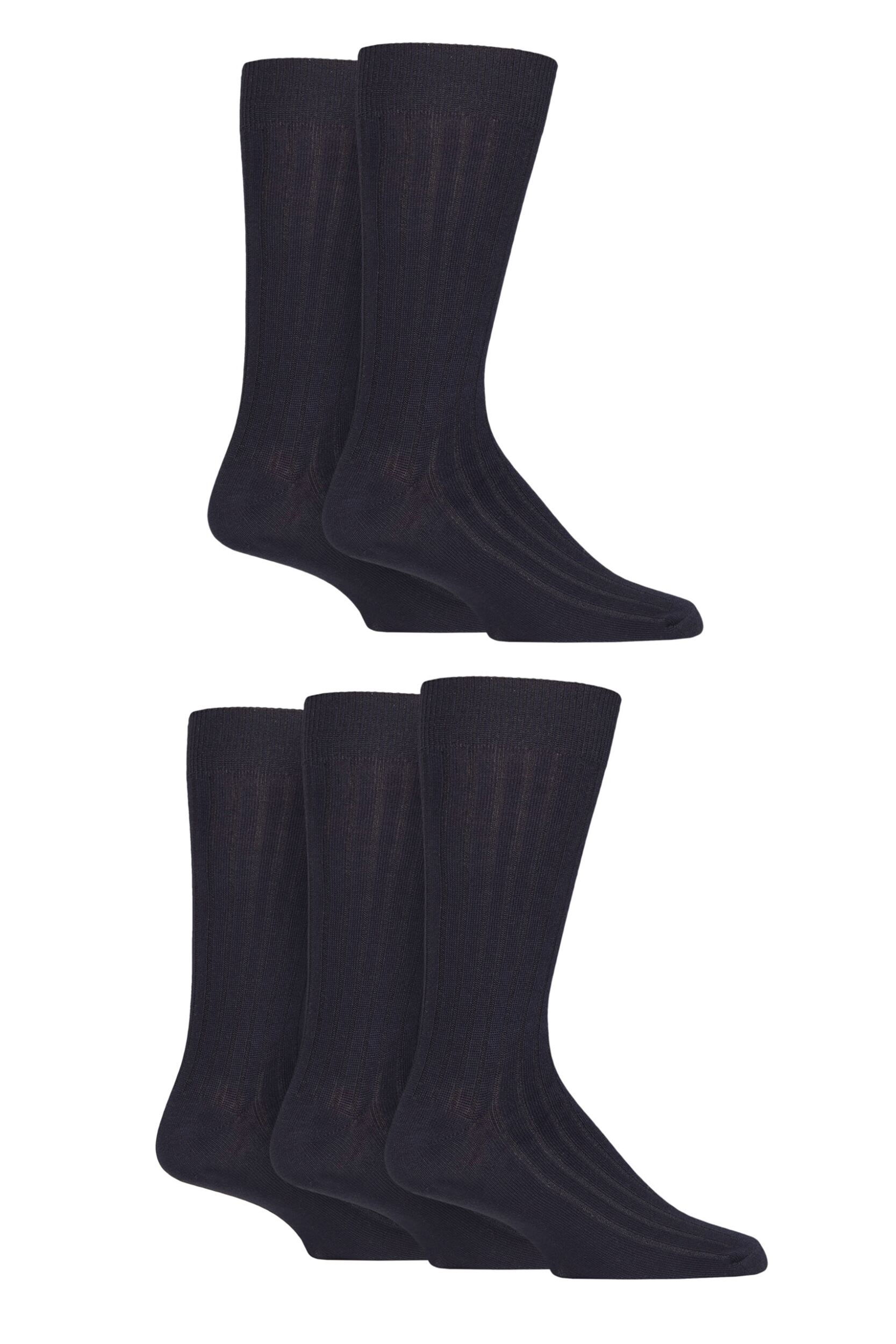 Mens 5 Pair SOCKSHOP Bamboo Leisure Ribbed Socks Block Navy 7