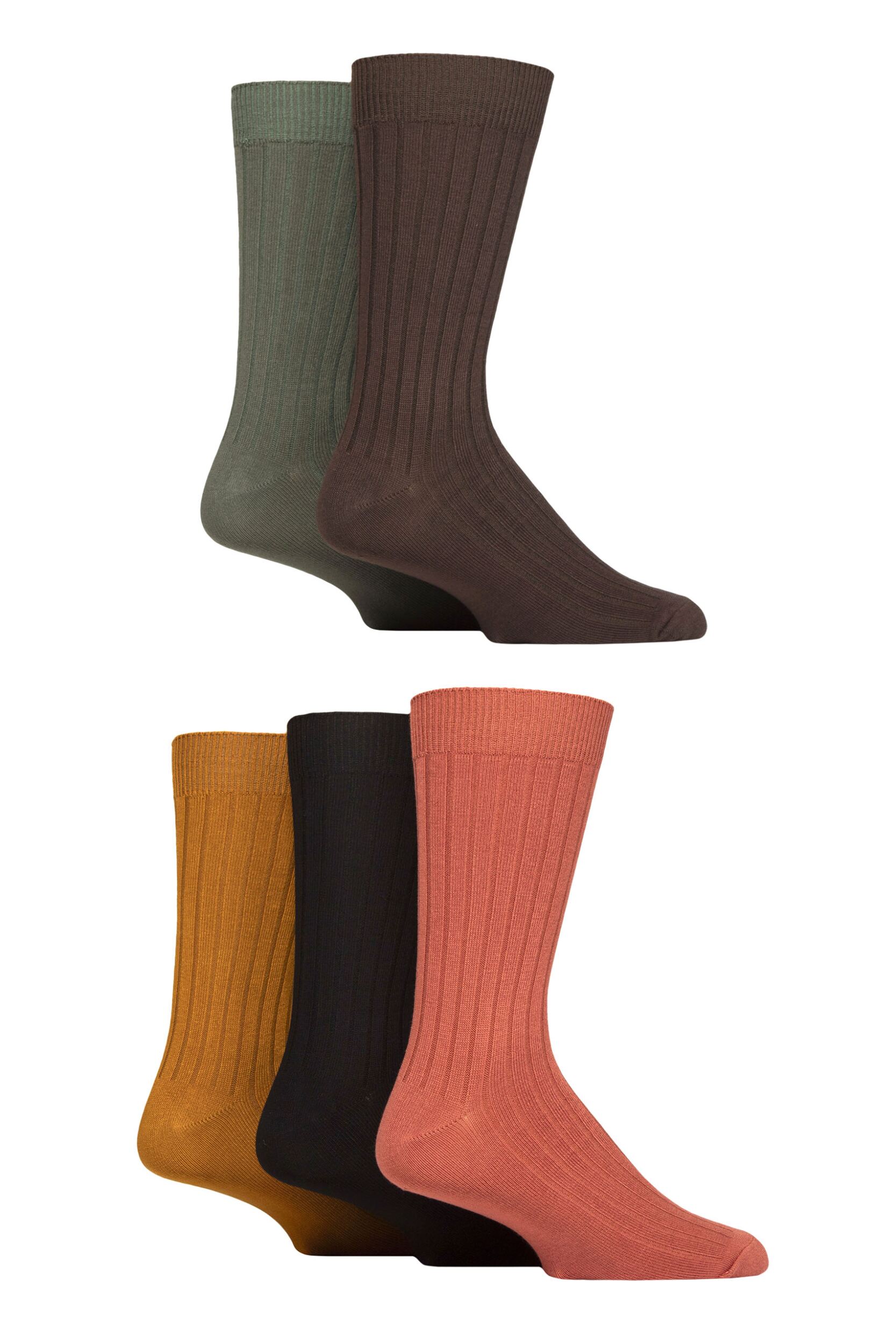 Mens 5 Pair SOCKSHOP Bamboo Leisure Ribbed Socks Terracotta 7