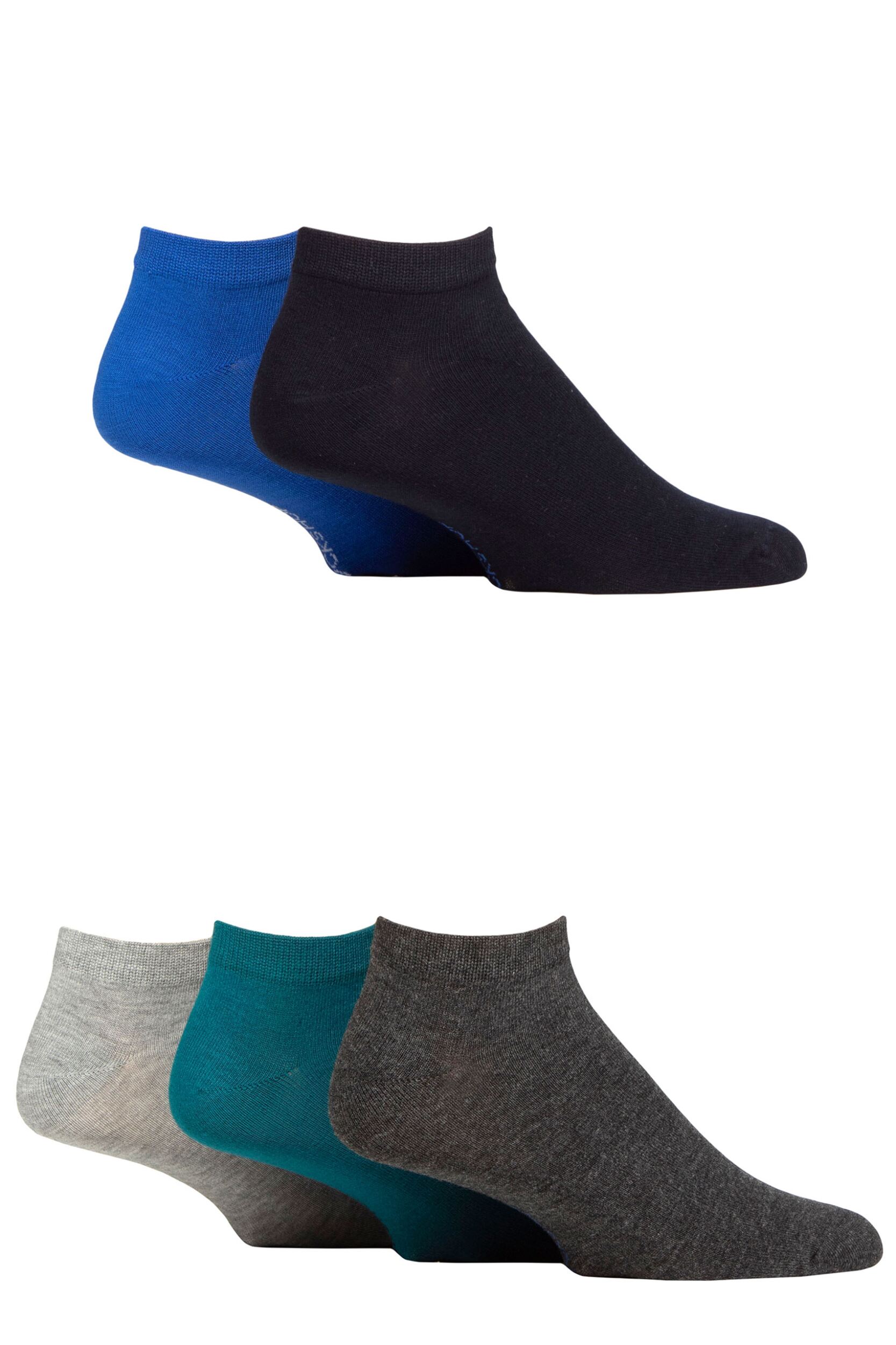 Mens 5 Pair SOCKSHOP Bamboo Striped and Plain Trainer Socks Blues 7-11 Mens