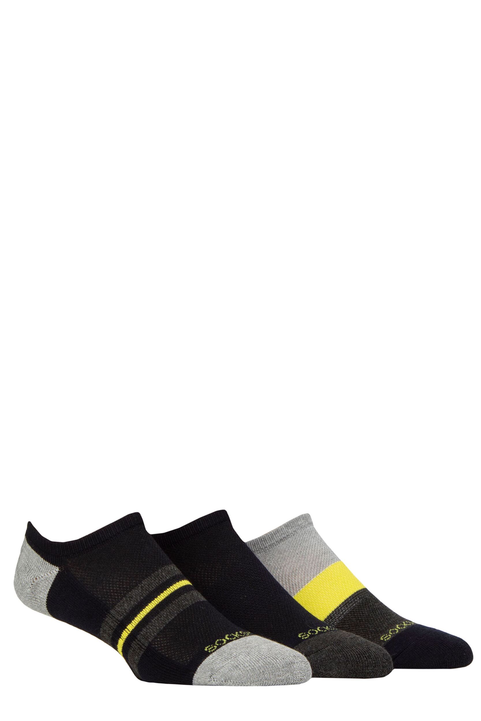 Mens 3 Pair SOCKSHOP Bamboo Cushioned Trainer Socks Charcoal / Lime 7-11