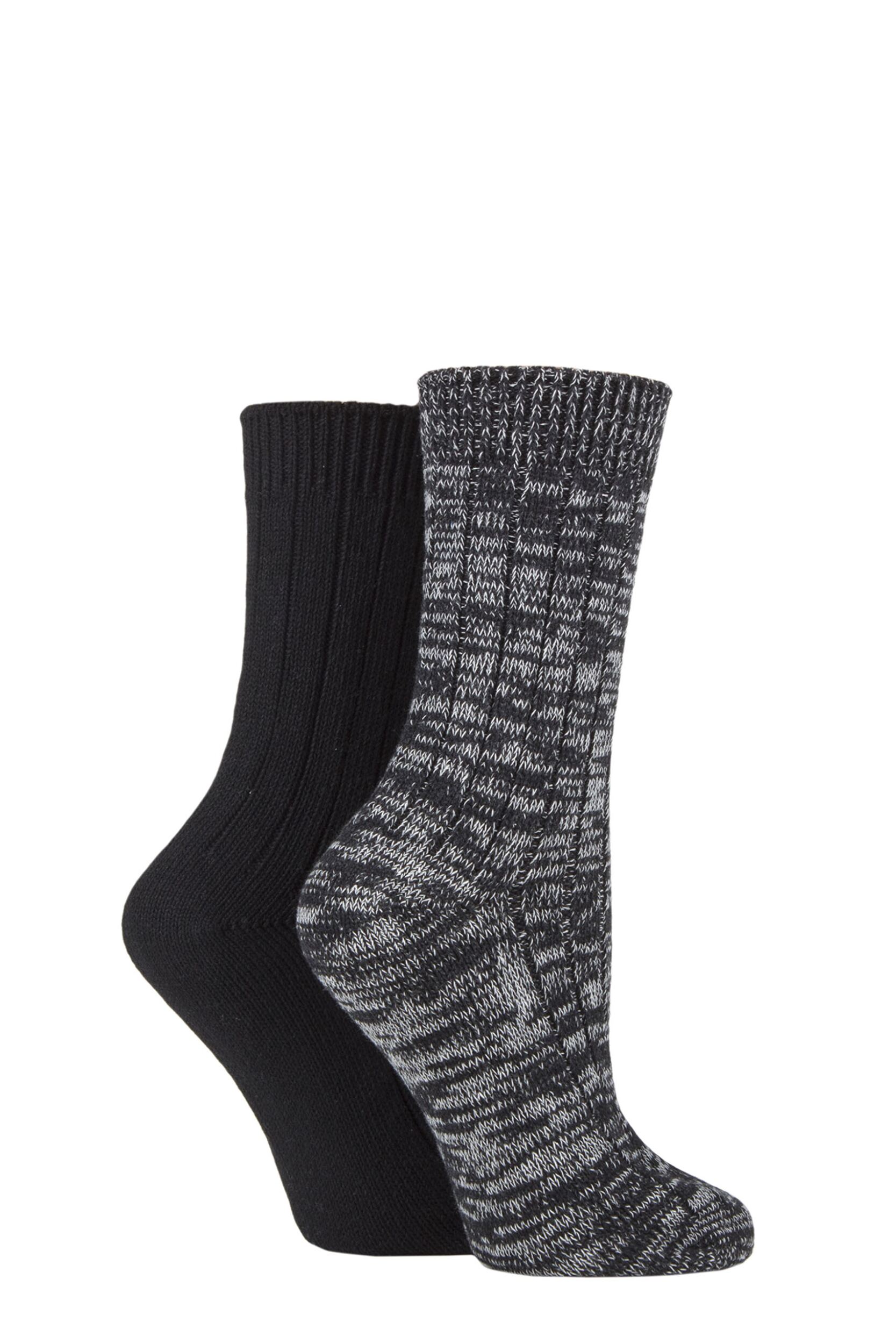 Women's 2 Pair SOCKSHOP Chunky Rib Cotton Boot Socks Black 4-8 Ladies