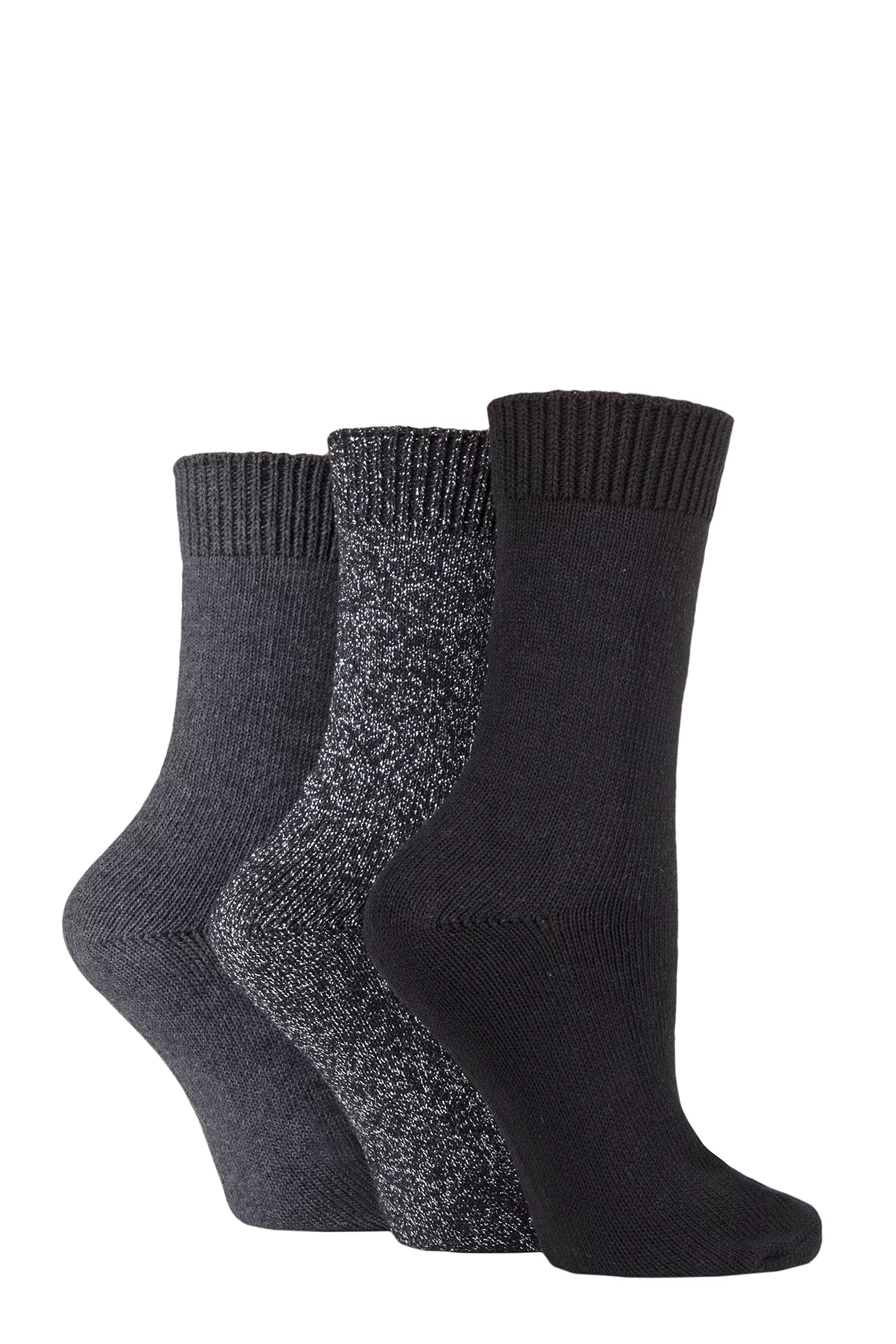 Women's 3 Pair SOCKSHOP Plain Cotton and Glitter Lurex Boot Socks Black 4-8 Ladies