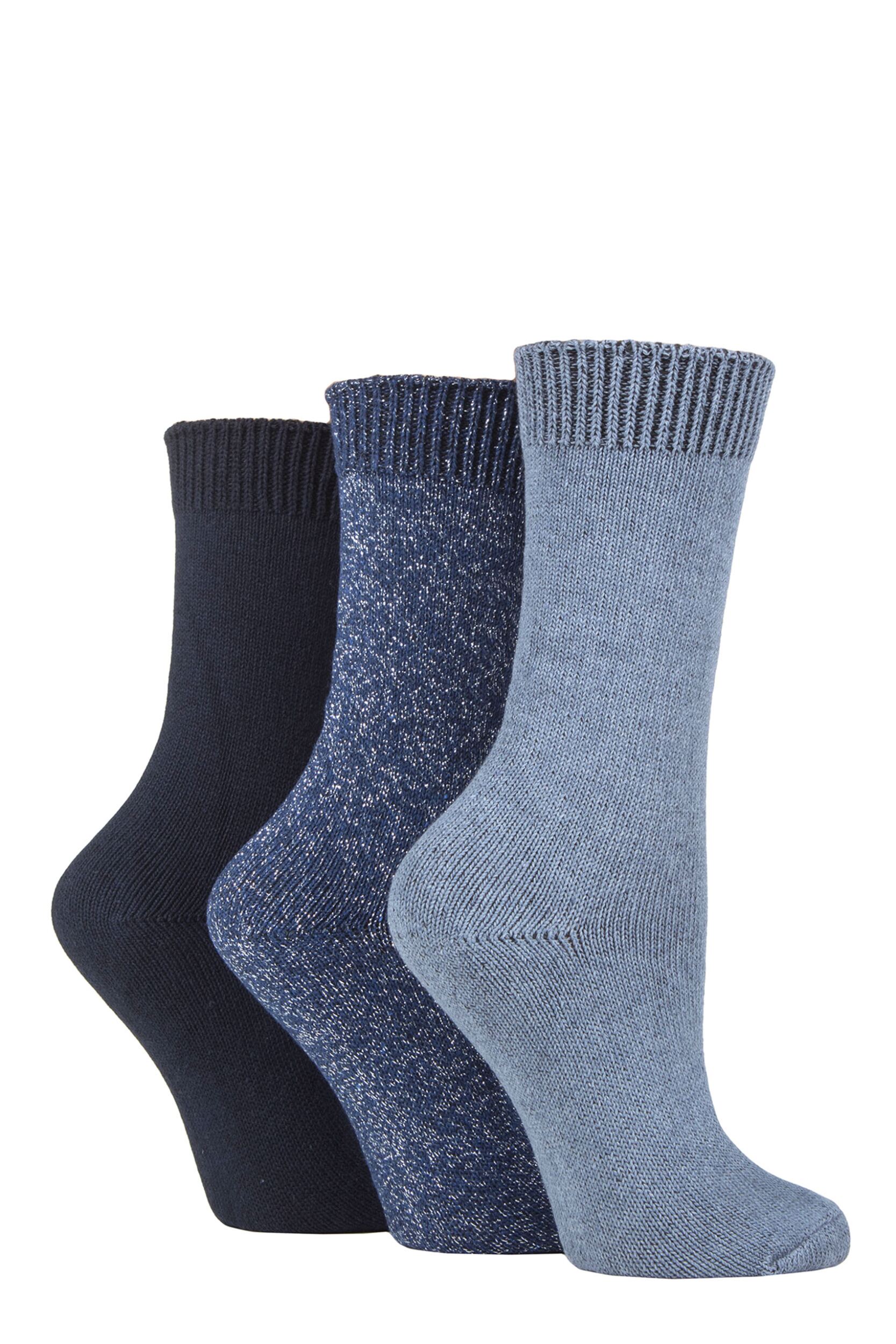 Women's 3 Pair SOCKSHOP Plain Cotton and Glitter Lurex Boot Socks Navy 4-8 Ladies