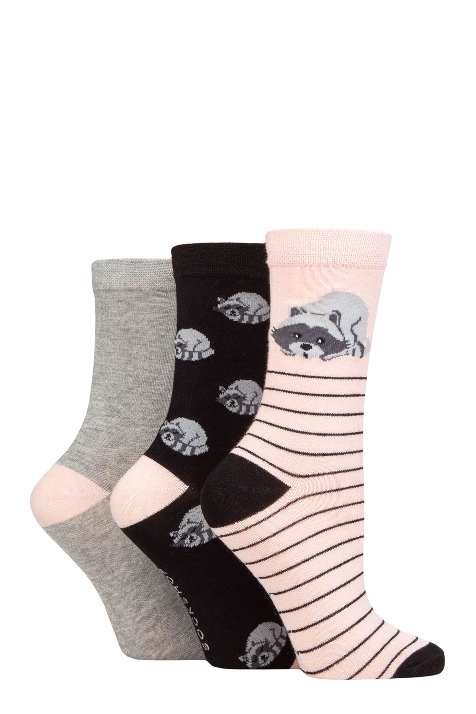 Women's 3 Pair SOCKSHOP Lazy Panda Novelty Bamboo Socks Racoon 4-8