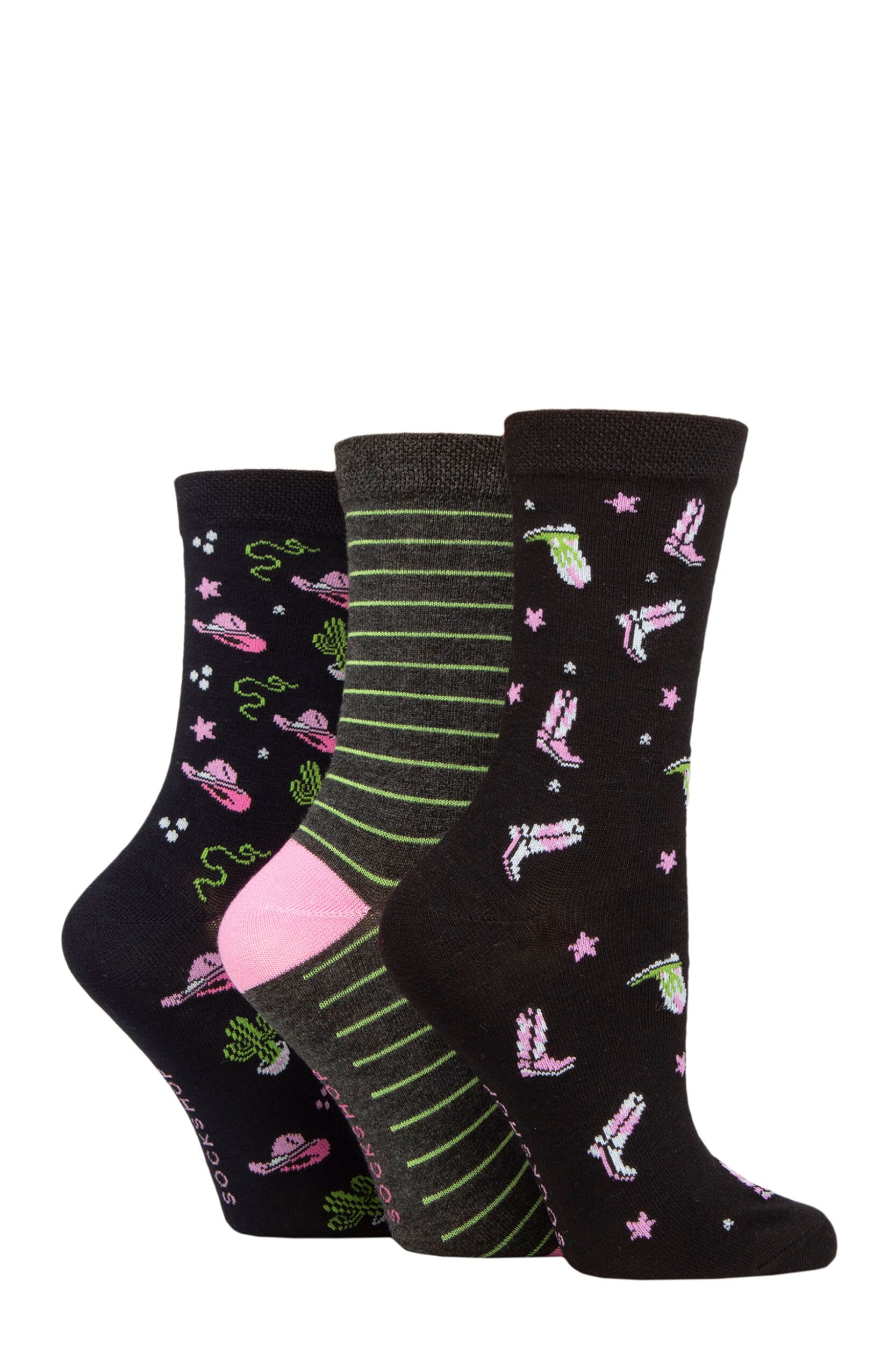 Women's 3 Pair SOCKSHOP Lazy Panda Novelty Bamboo Socks Cowboy 4-8